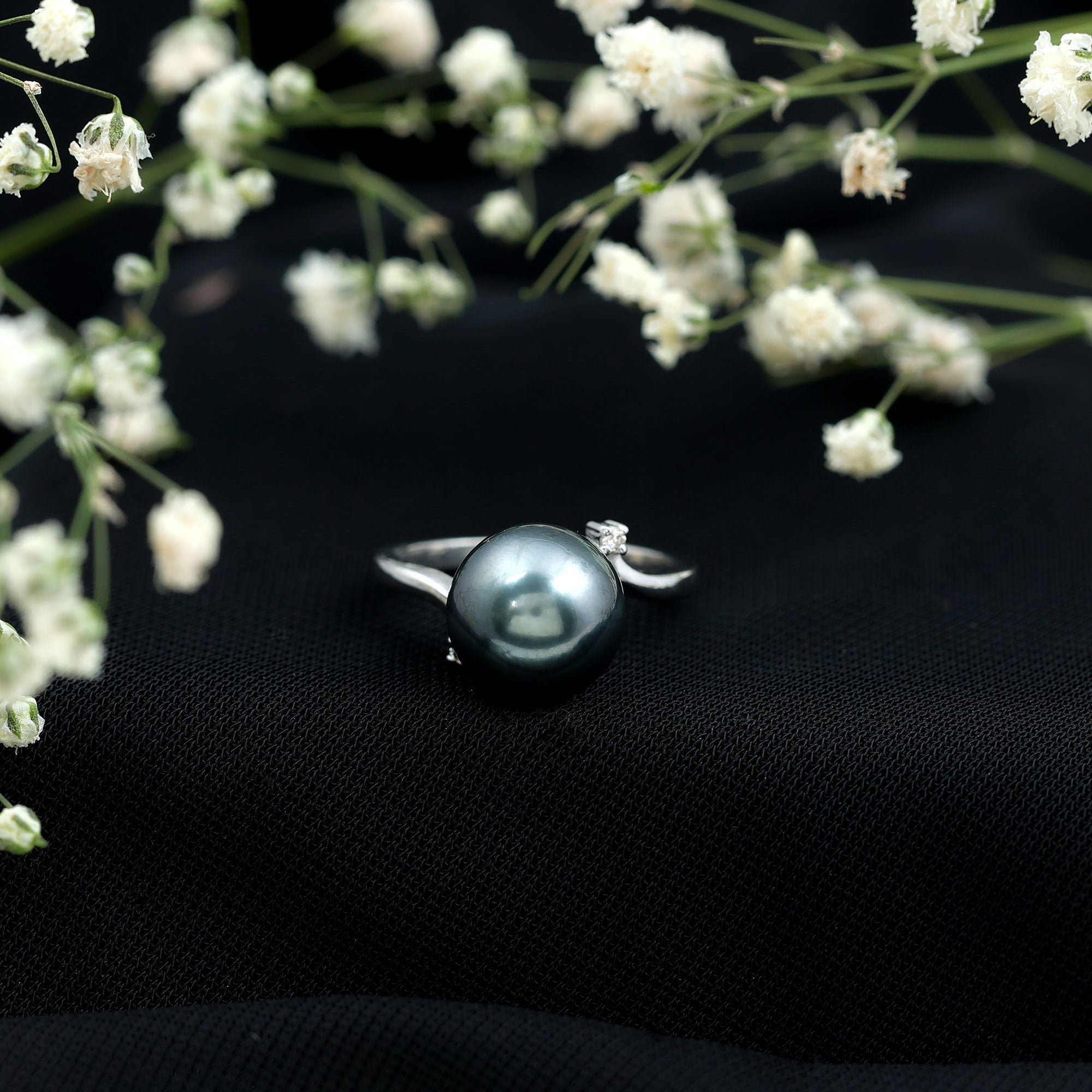 Rosec Jewels-7.5 Carat Solitaire Tahitian Pearl Bypass Engagement Ring with Diamond