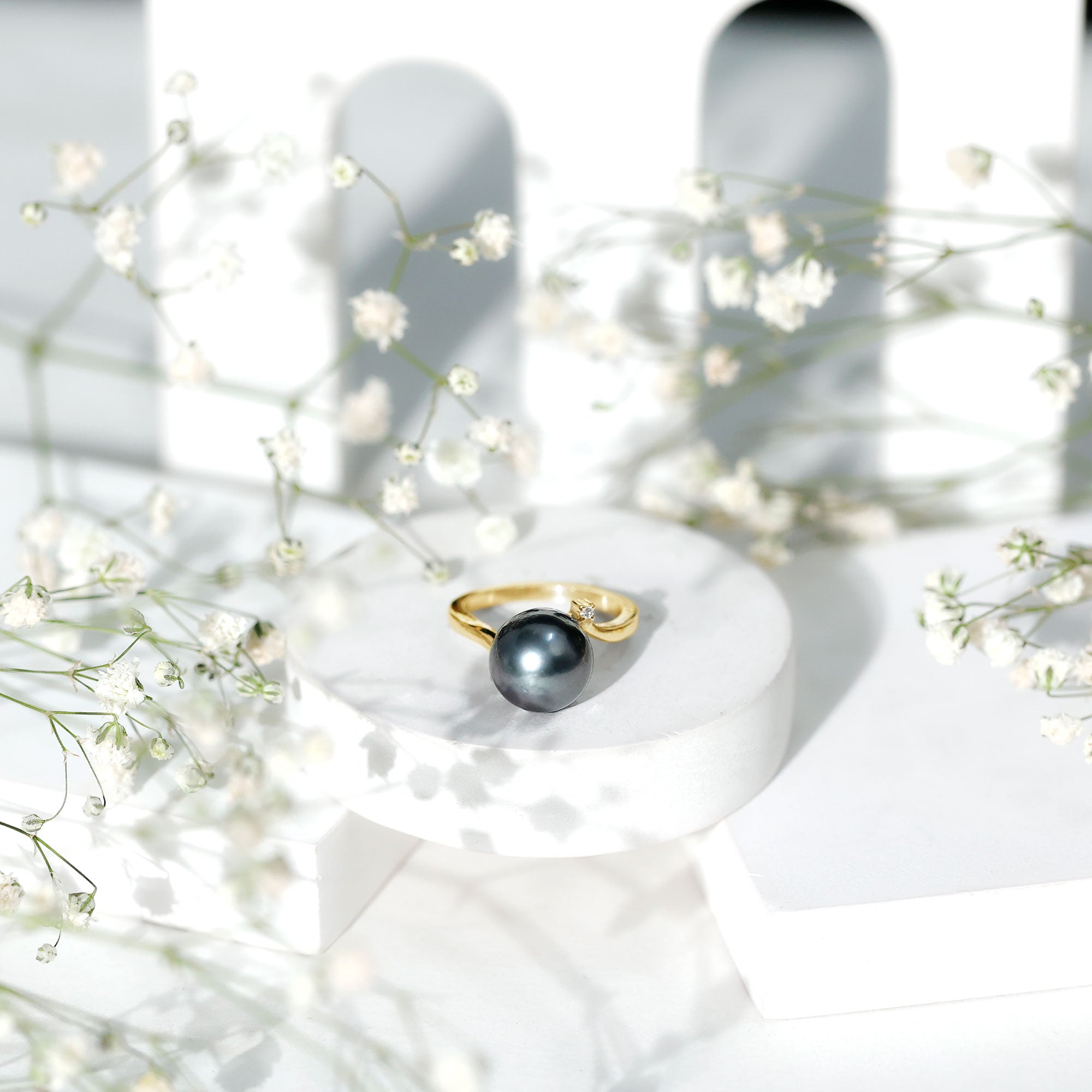 Rosec Jewels-7.5 Carat Solitaire Tahitian Pearl Bypass Engagement Ring with Diamond
