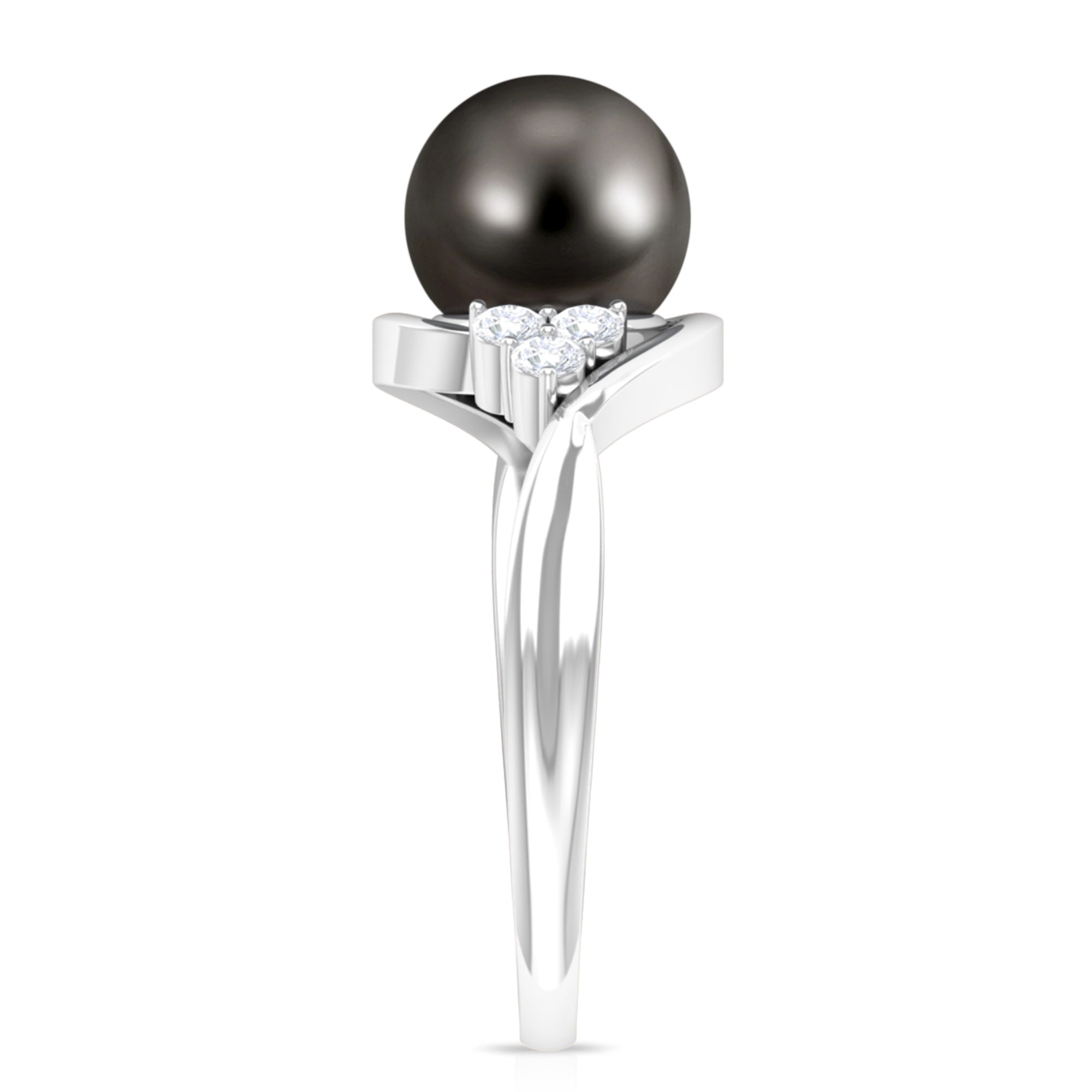 Rosec Jewels-Bypass Tahitian Pearl Engagement Ring with Diamond Trio