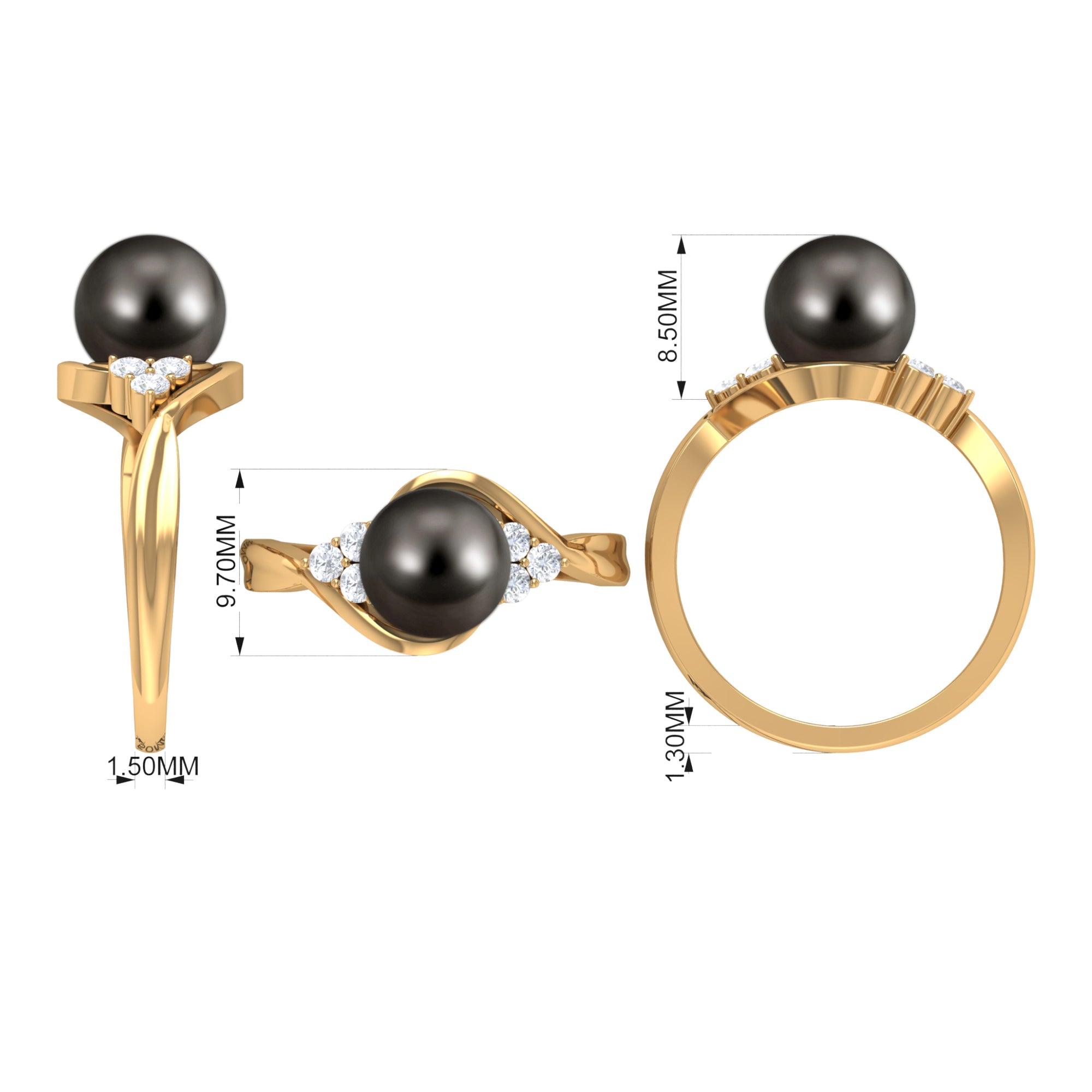 Rosec Jewels-Bypass Tahitian Pearl Engagement Ring with Diamond Trio