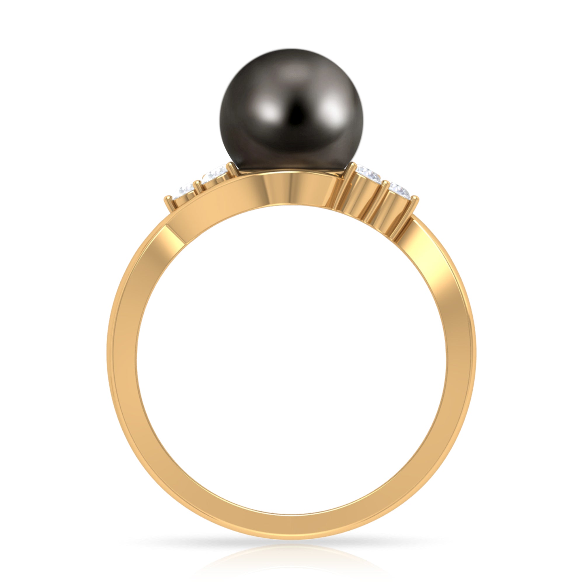 Rosec Jewels-Bypass Tahitian Pearl Engagement Ring with Diamond Trio