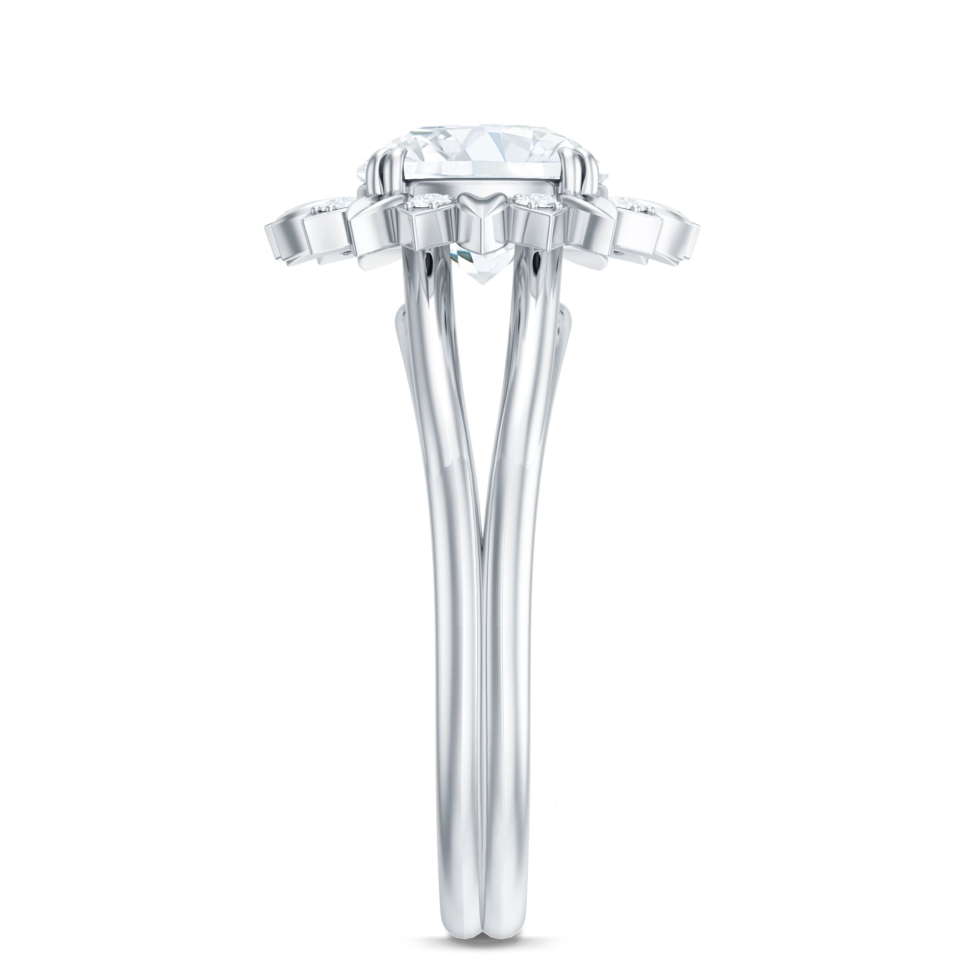 Rosec Jewels-Round Cut Solitaire Zircon Gold Flower Engagement Ring in Split Shank