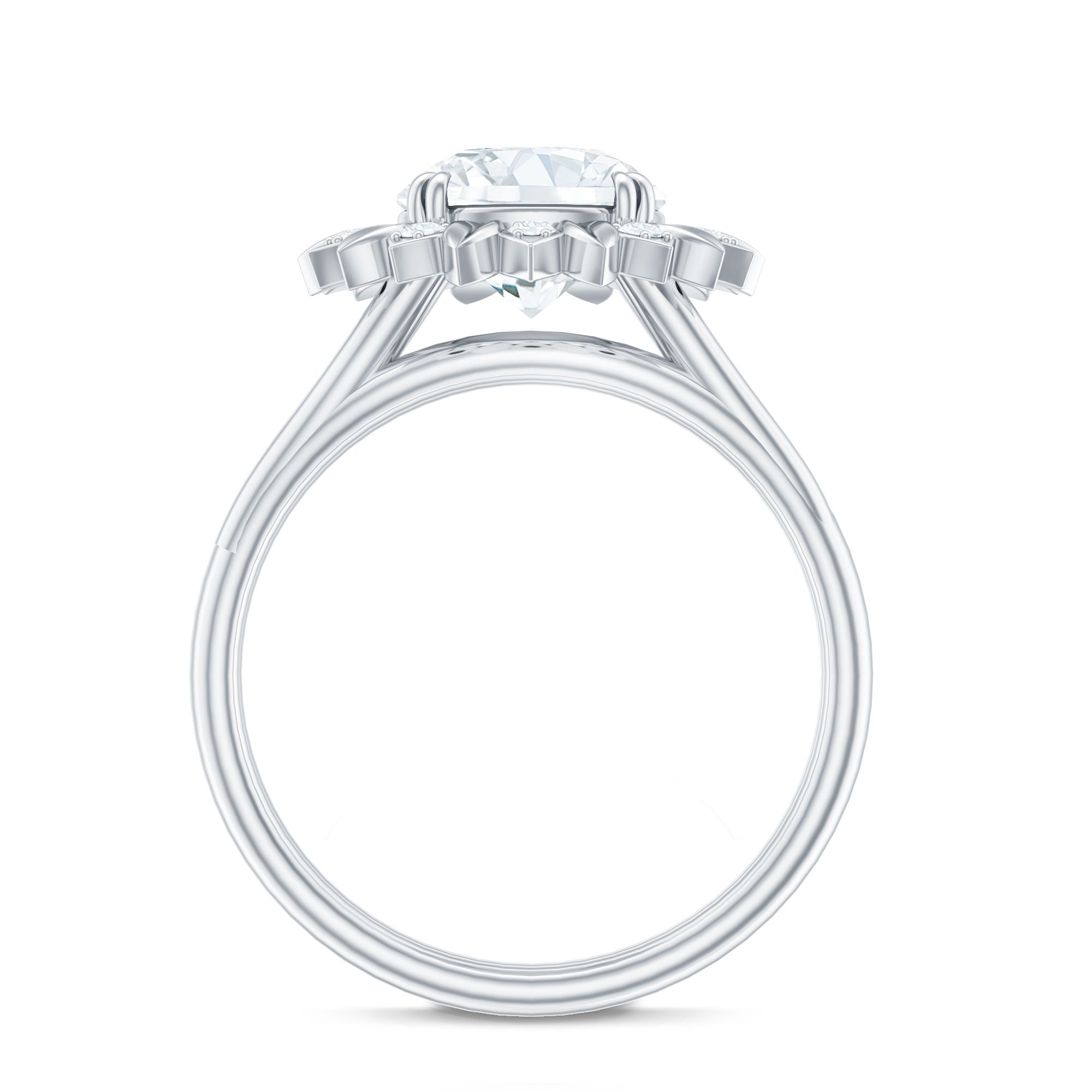 Rosec Jewels-Round Cut Solitaire Zircon Gold Flower Engagement Ring in Split Shank