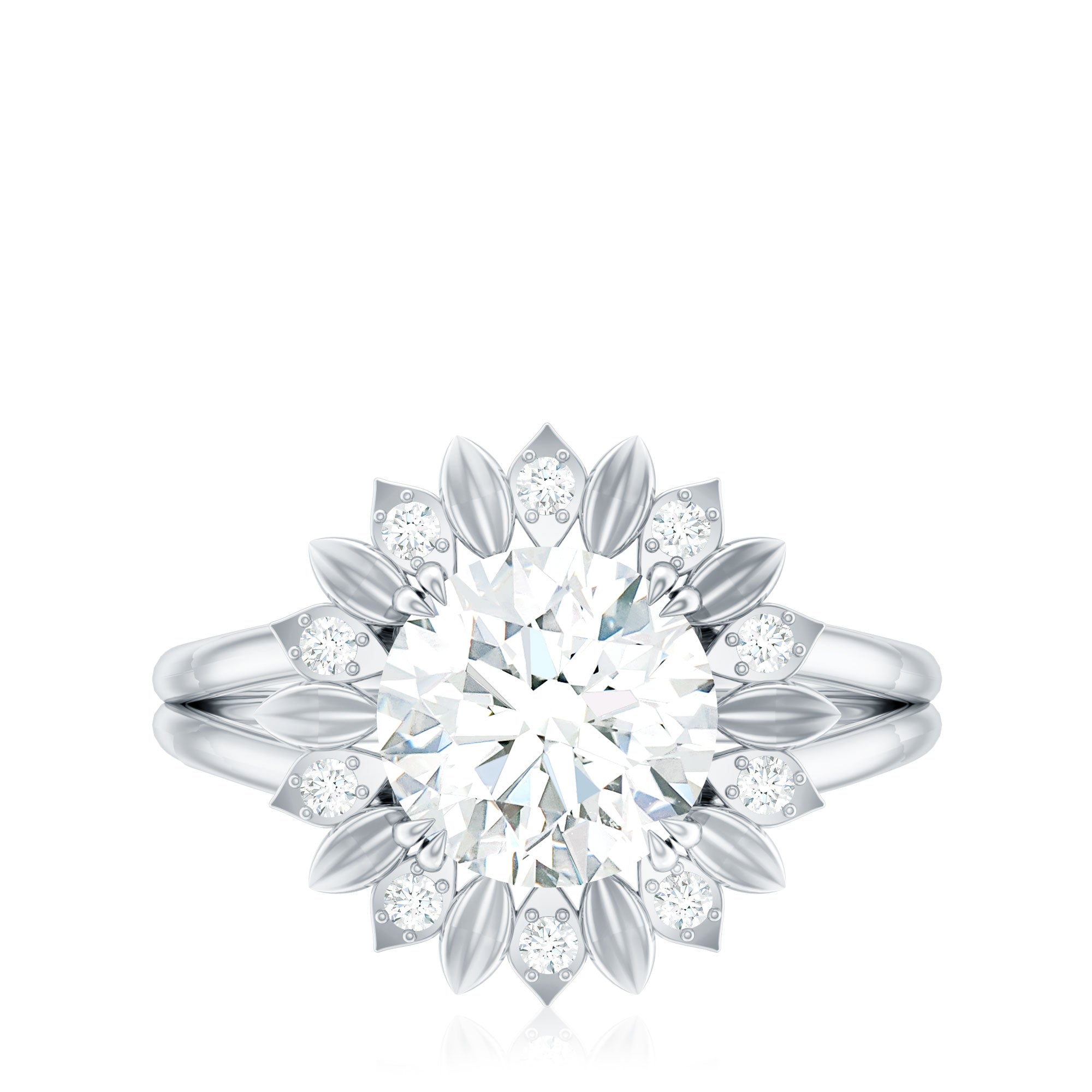 Rosec Jewels-Round Cut Solitaire Zircon Gold Flower Engagement Ring in Split Shank