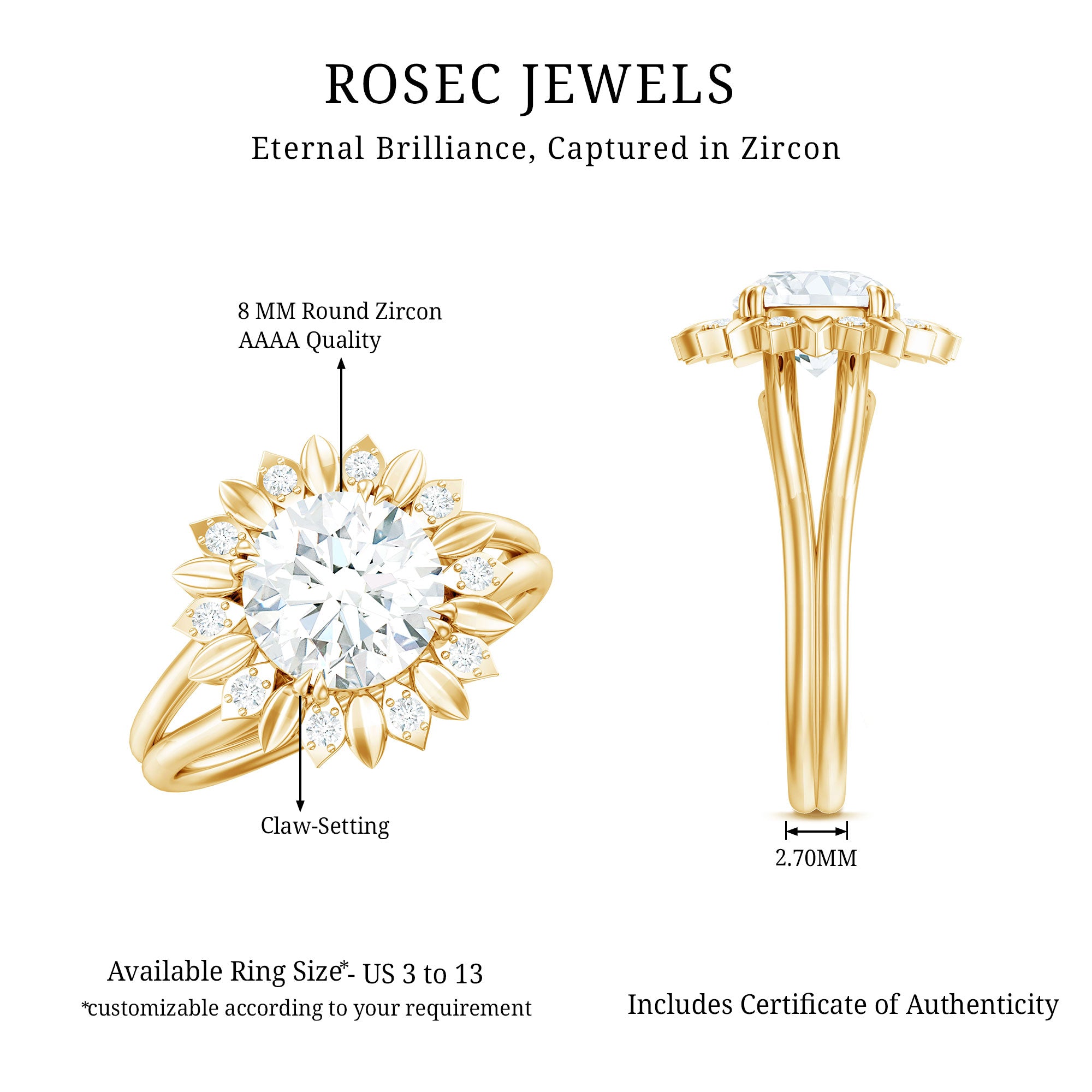 Rosec Jewels-Round Cut Solitaire Zircon Gold Flower Engagement Ring in Split Shank
