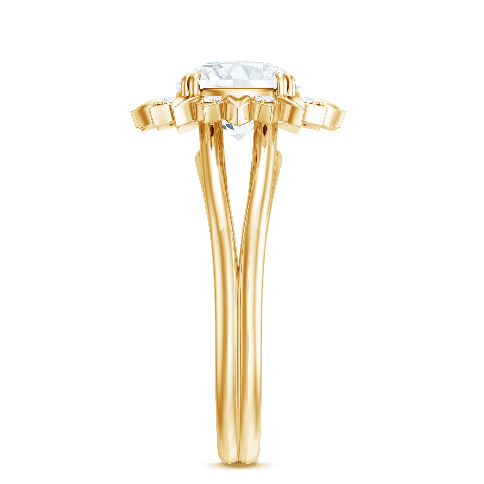 Rosec Jewels-Round Cut Solitaire Zircon Gold Flower Engagement Ring in Split Shank