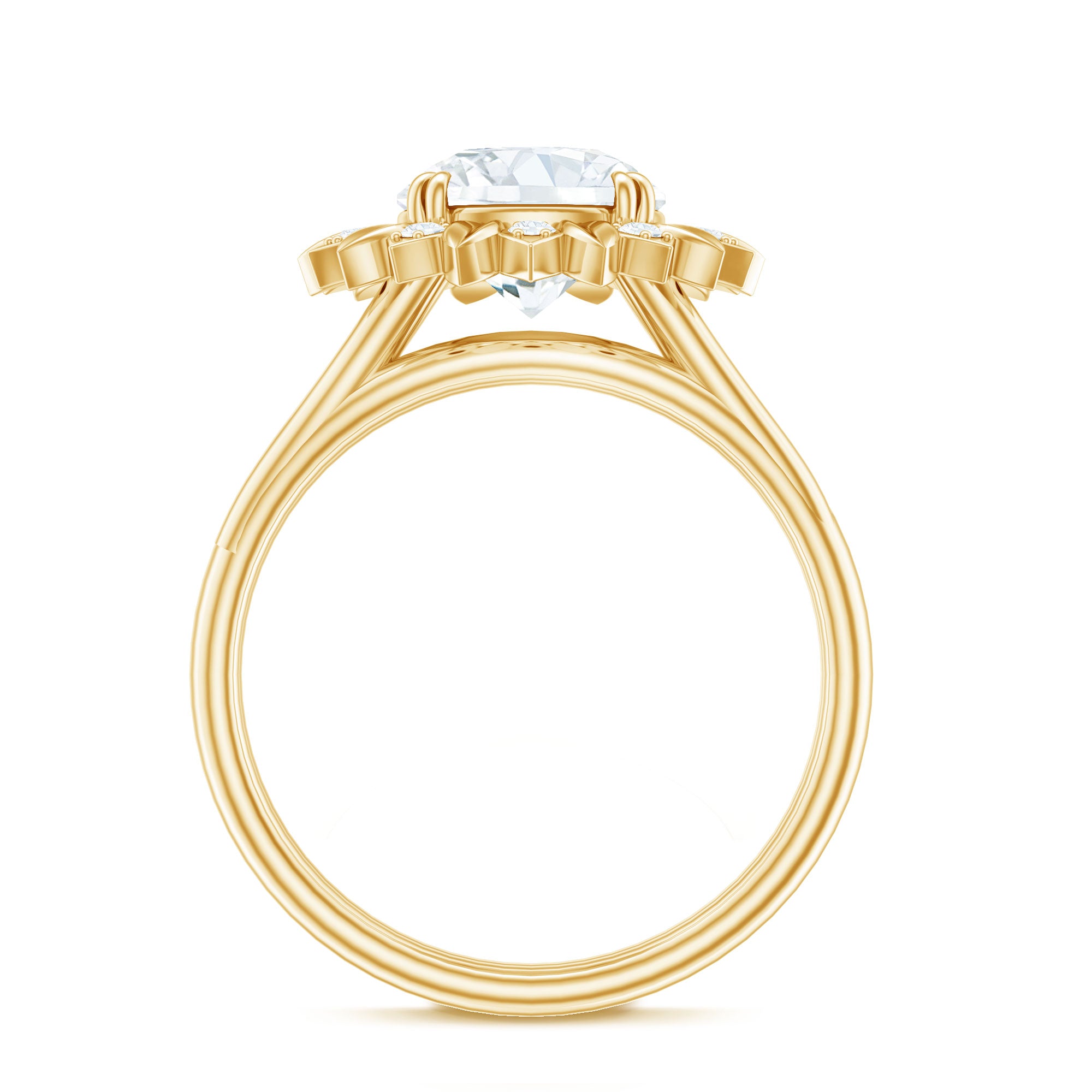 Rosec Jewels-Round Cut Solitaire Zircon Gold Flower Engagement Ring in Split Shank