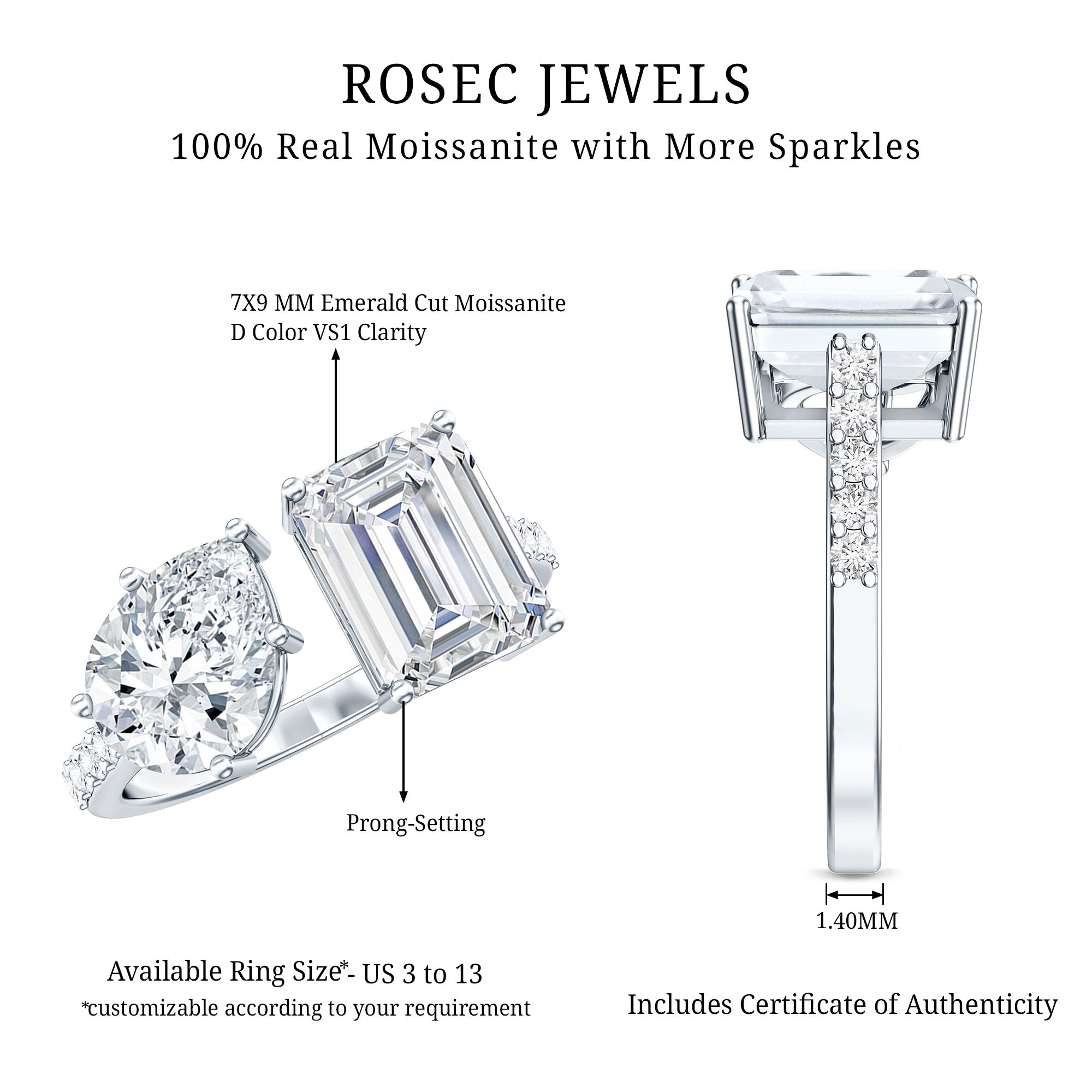 Rosec Jewels-Toi Et Moi Moissanite Engagement Ring for Women