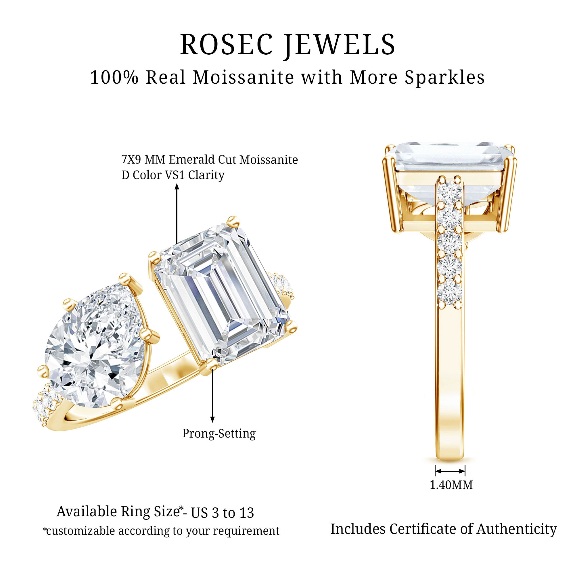 Rosec Jewels-Toi Et Moi Moissanite Engagement Ring for Women
