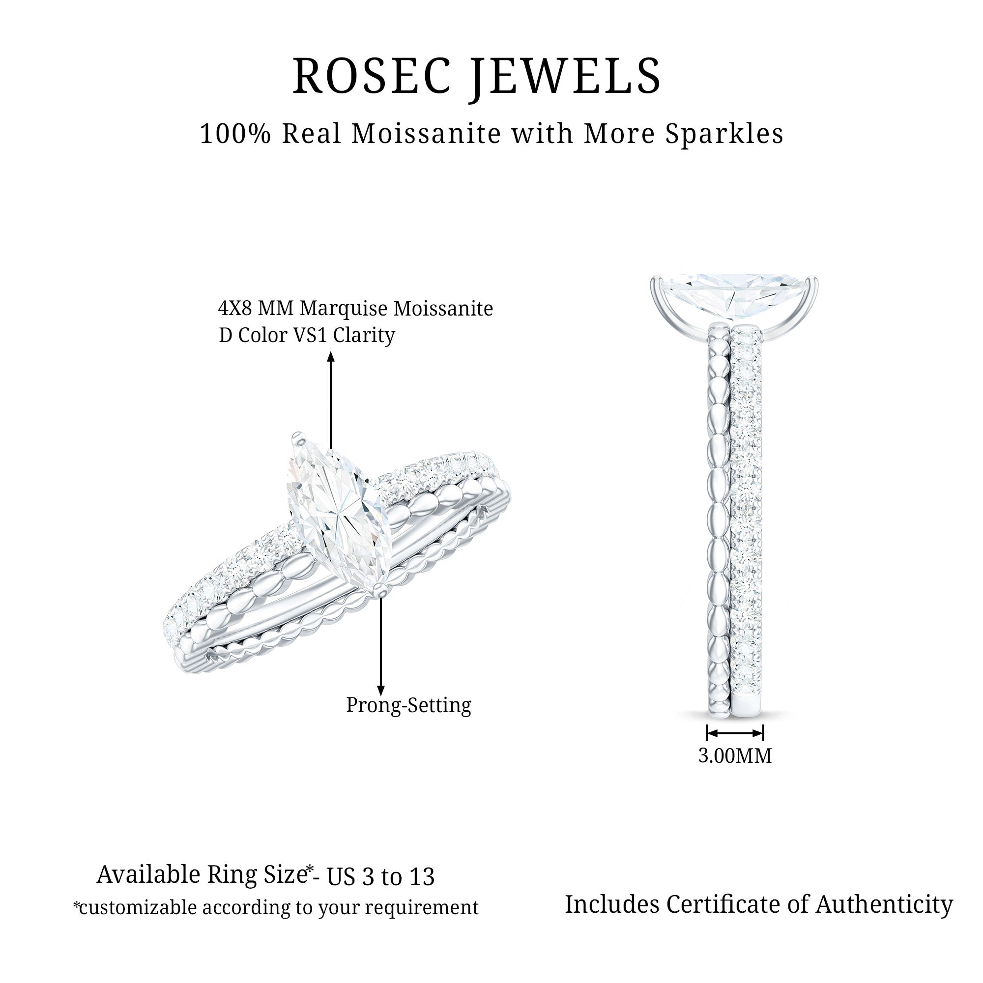 Rosec Jewels-Marquise Cut Moissanite Solitaire Engagement Ring