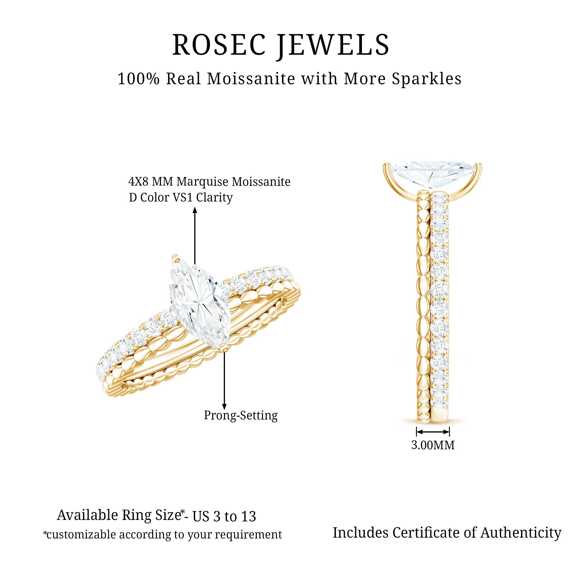Rosec Jewels-Marquise Cut Moissanite Solitaire Engagement Ring