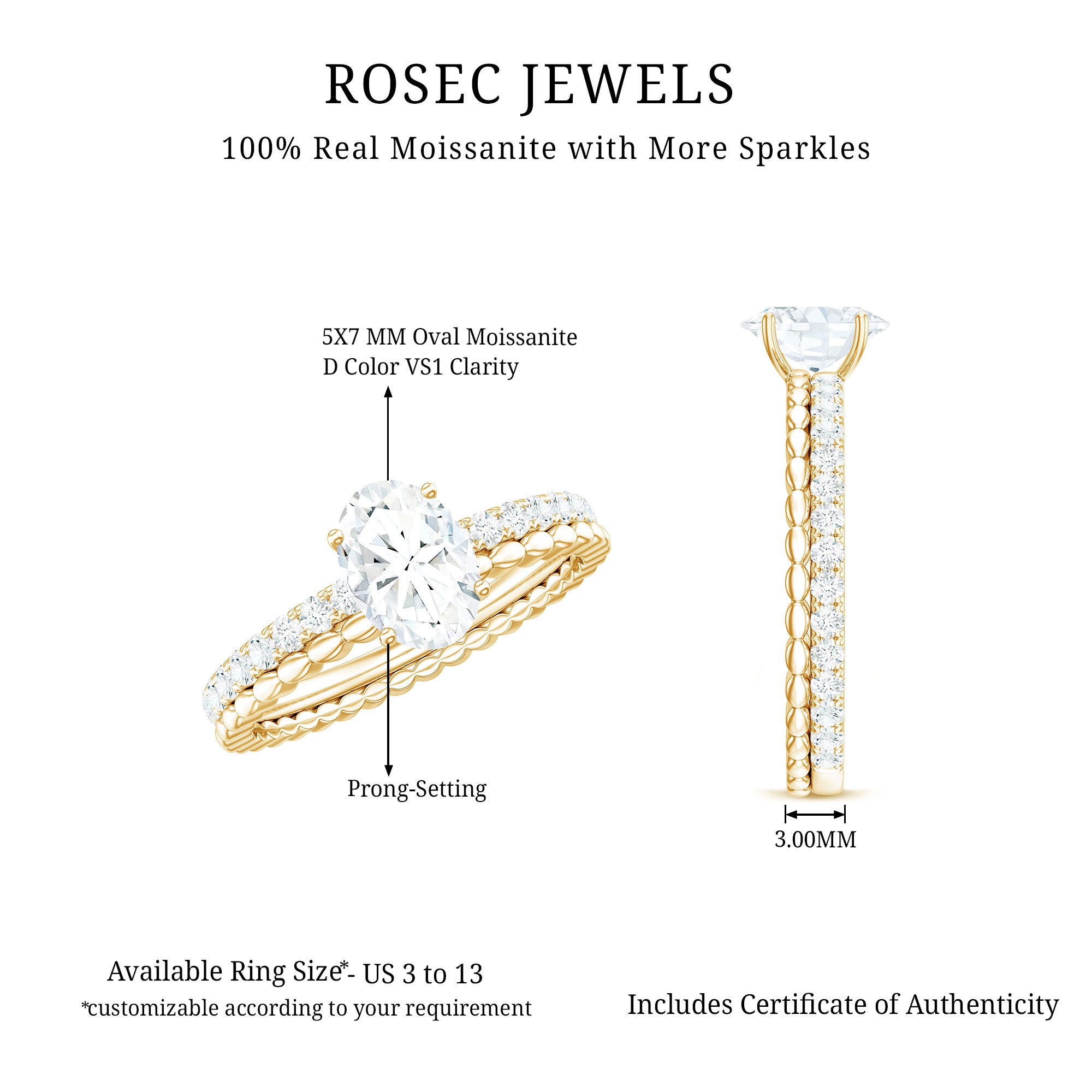 5x7mm Solitaire Moissanite Oblong Engagement Ring D-VS1 - Rosec Jewels