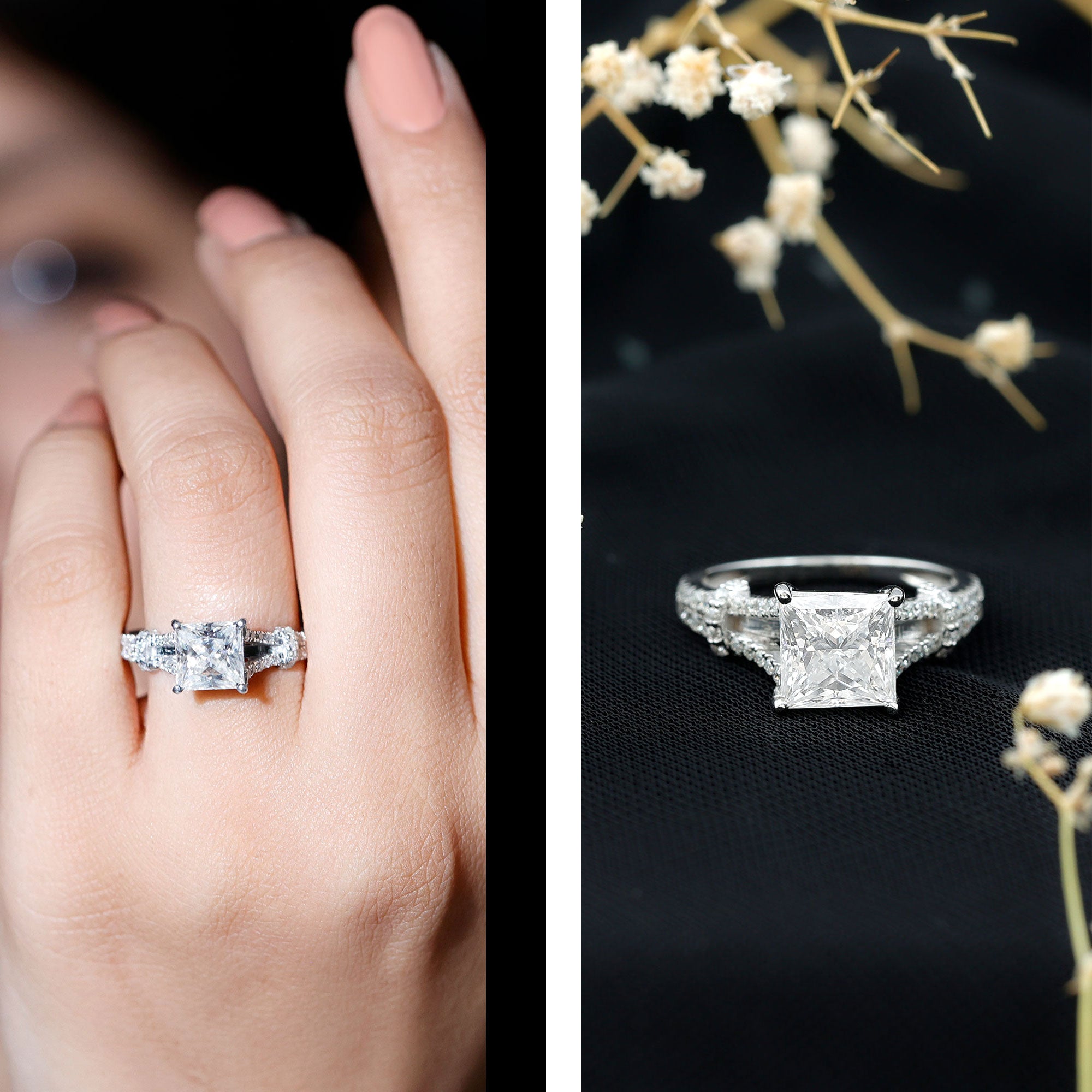 3 Carat Princess Cut Moissanite Solitaire Engagement Ring in Split Shank D-VS1 - Rosec Jewels