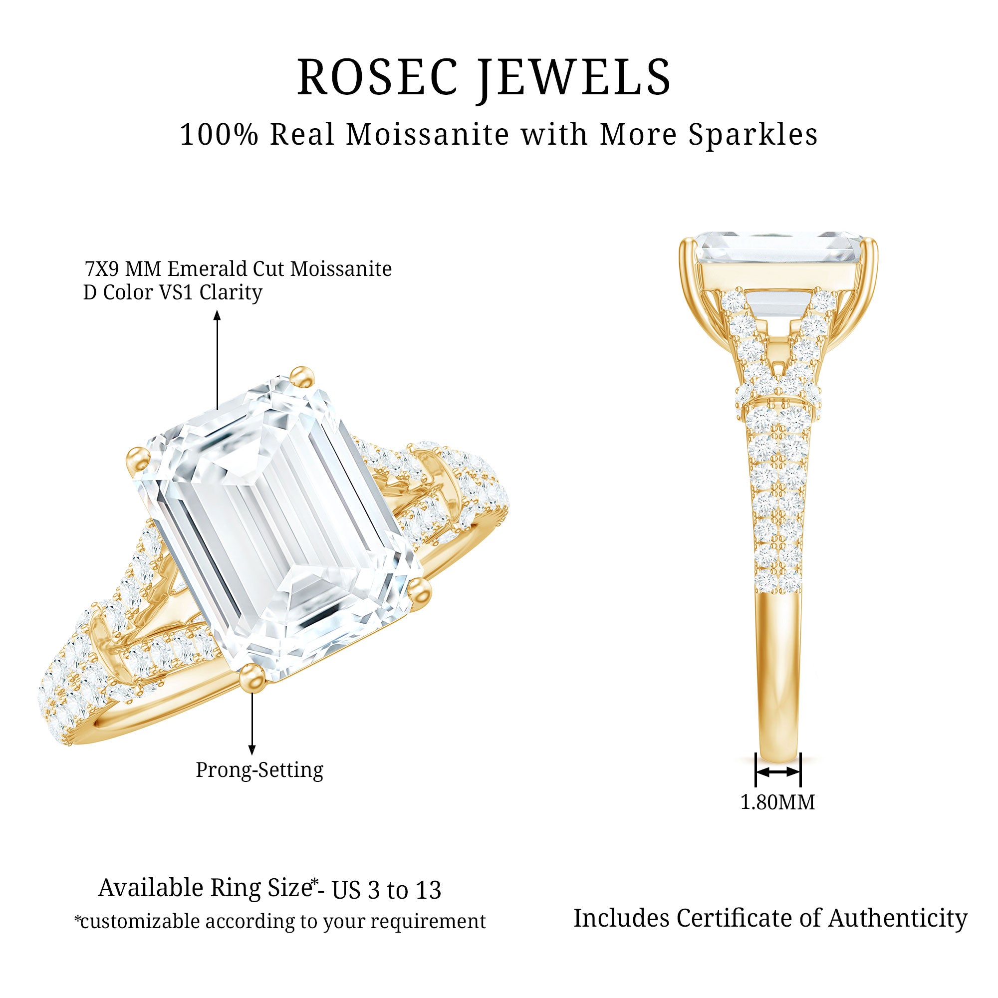 7x9 MM Emerald Cut Moissanite Split Shank Engagement Ring for Women D-VS1 - Rosec Jewels