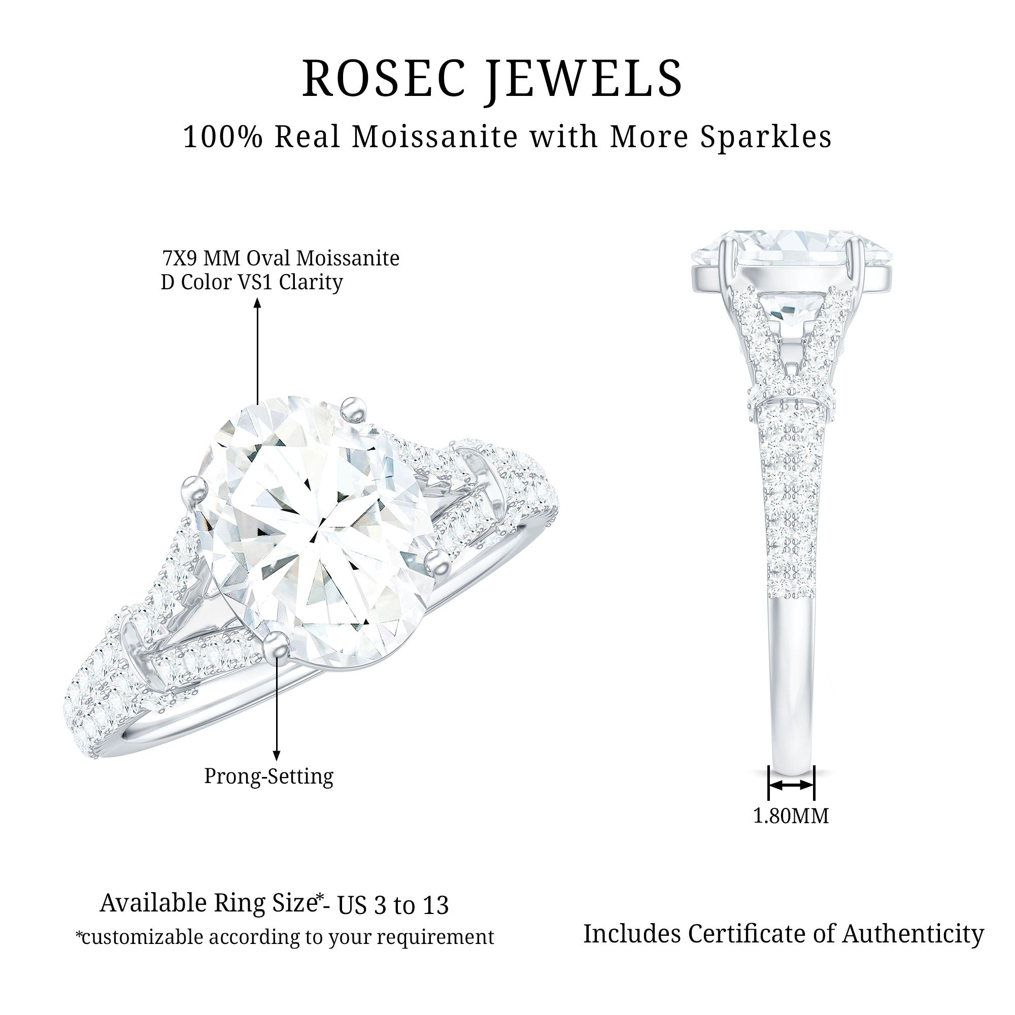 Rosec Jewels-7X9 mm Oval Cut Moissanite Statement Engagement Ring with Split Shank