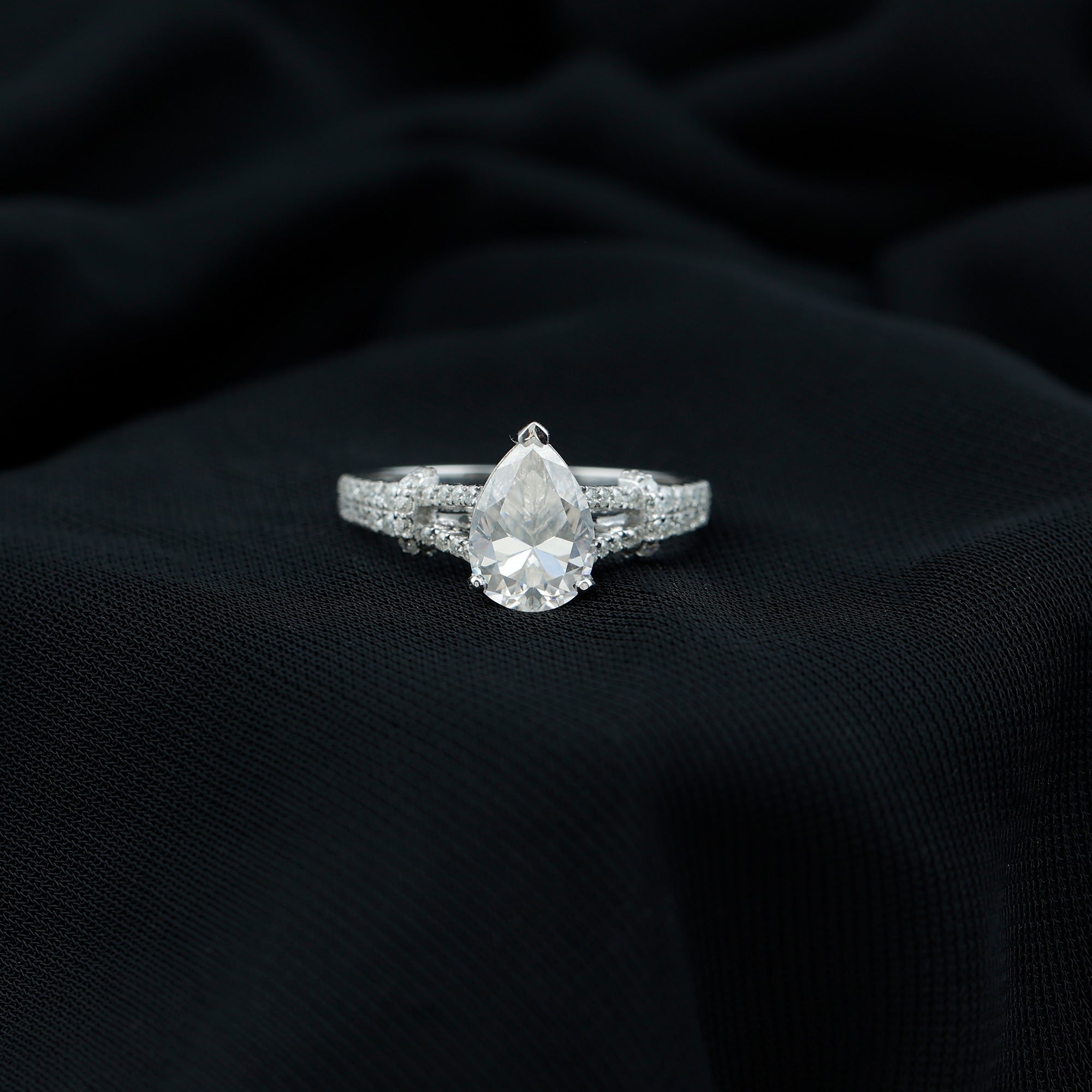 Pear Shaped Moissanite Solitaire Engagement Ring in Split Shank Moissanite - ( D-VS1 ) - Color and Clarity - Rosec Jewels
