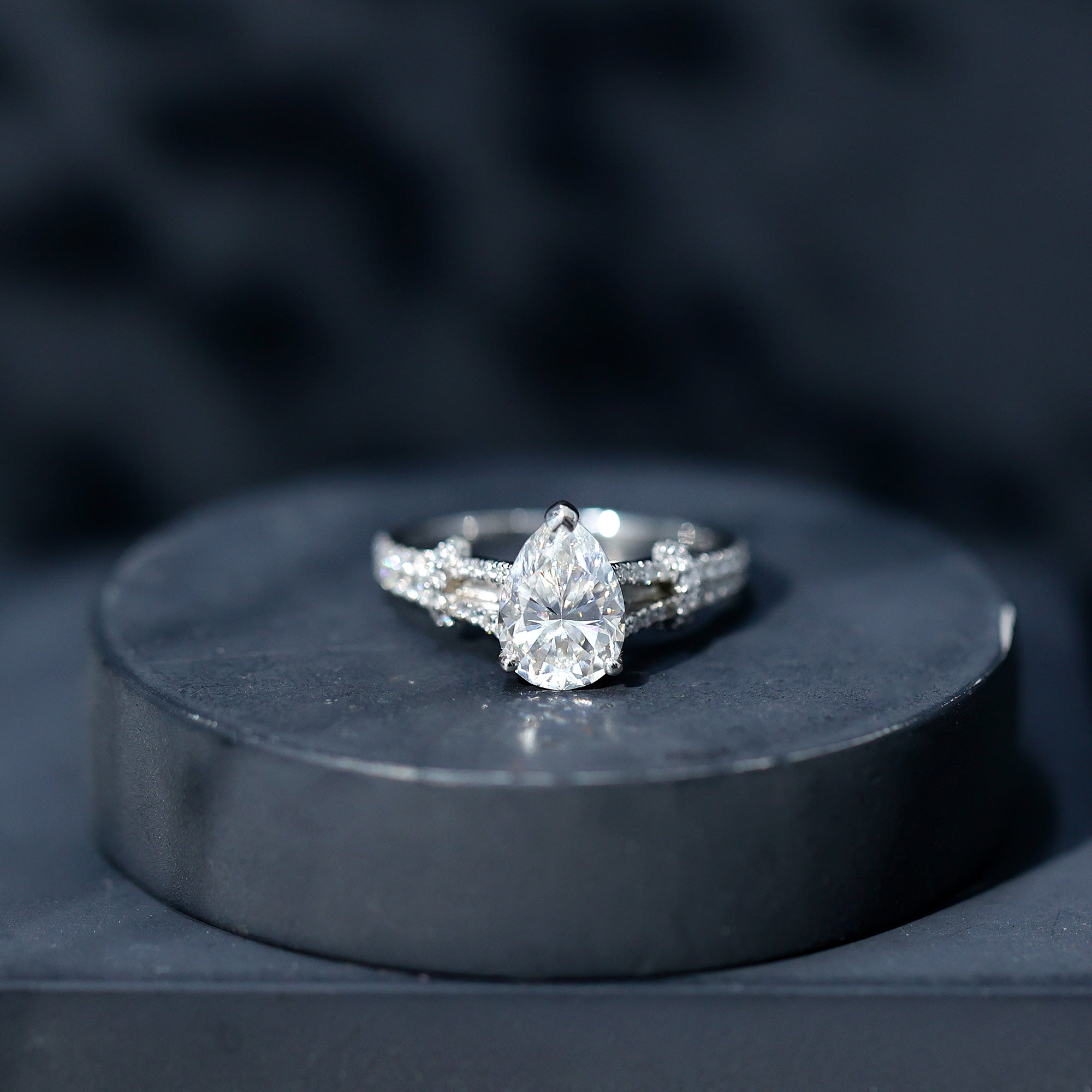 Rosec Jewels-Pear Shaped Moissanite Solitaire Engagement Ring in Split Shank