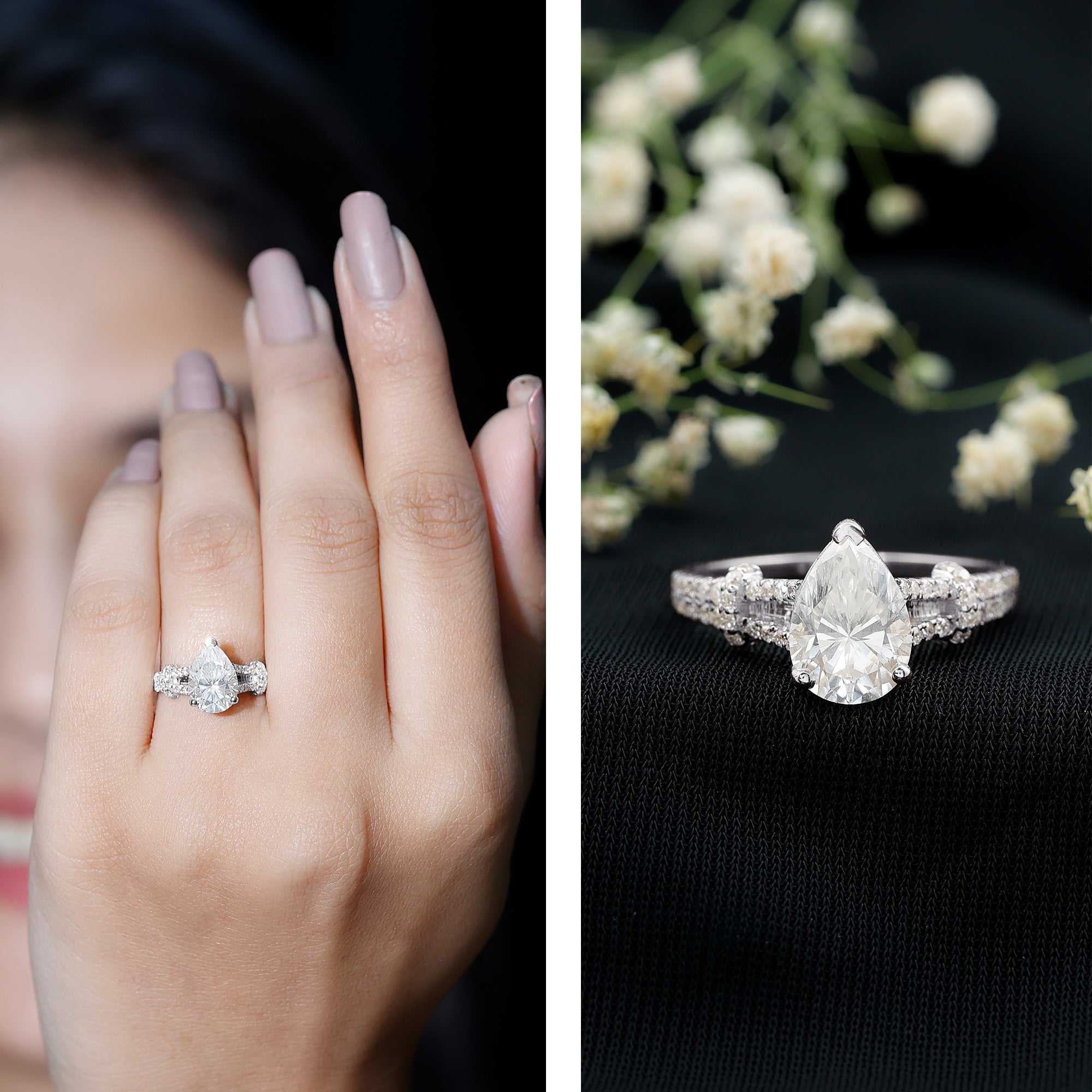 Rosec Jewels-Pear Shaped Moissanite Solitaire Engagement Ring in Split Shank