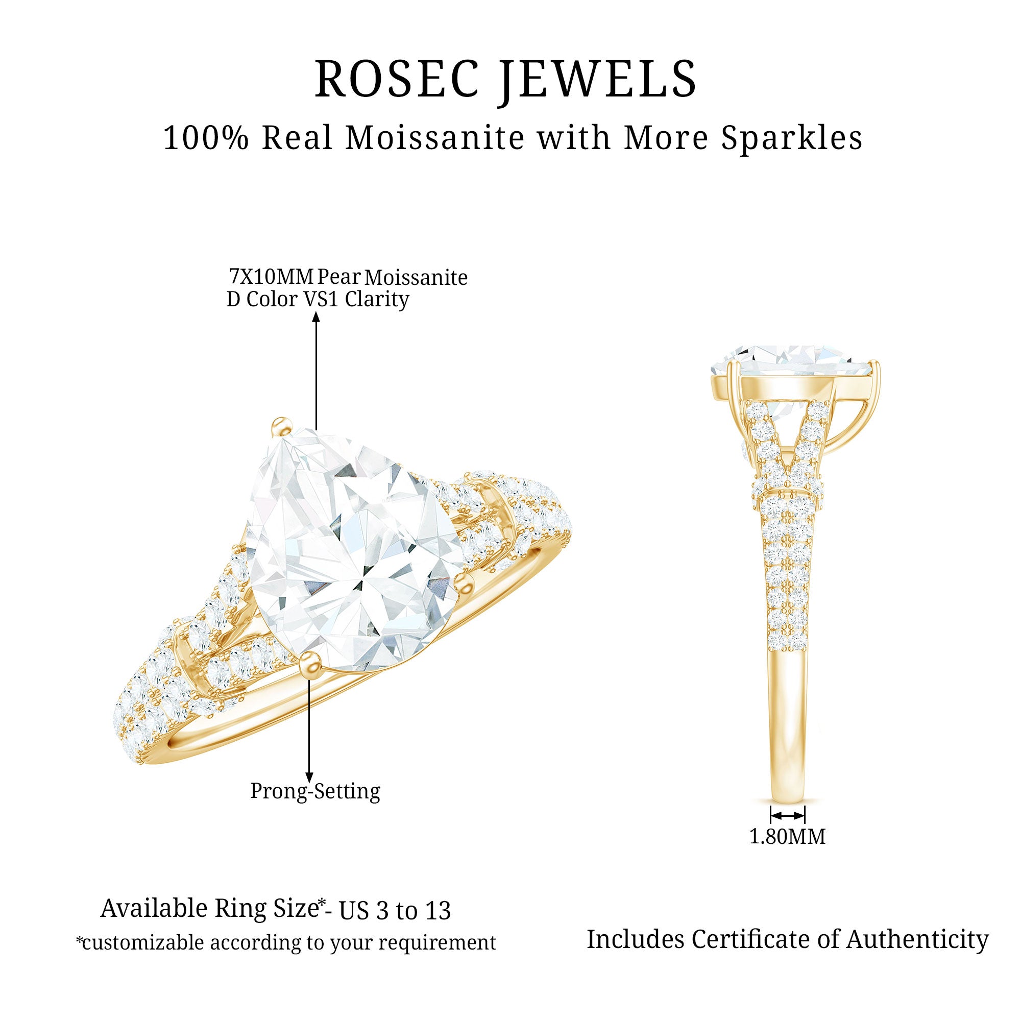 Rosec Jewels-Pear Shaped Moissanite Solitaire Engagement Ring in Split Shank