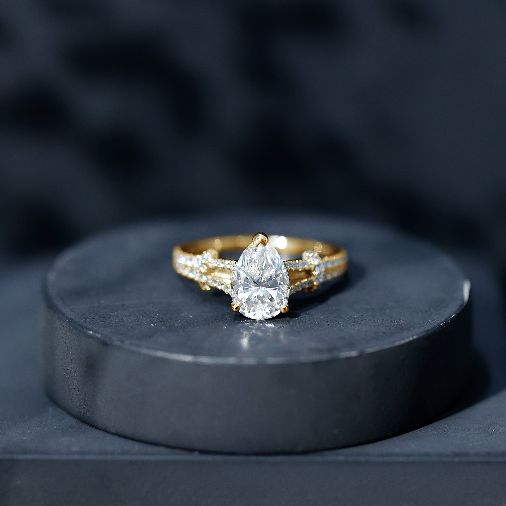 Rosec Jewels-Pear Shaped Moissanite Solitaire Engagement Ring in Split Shank