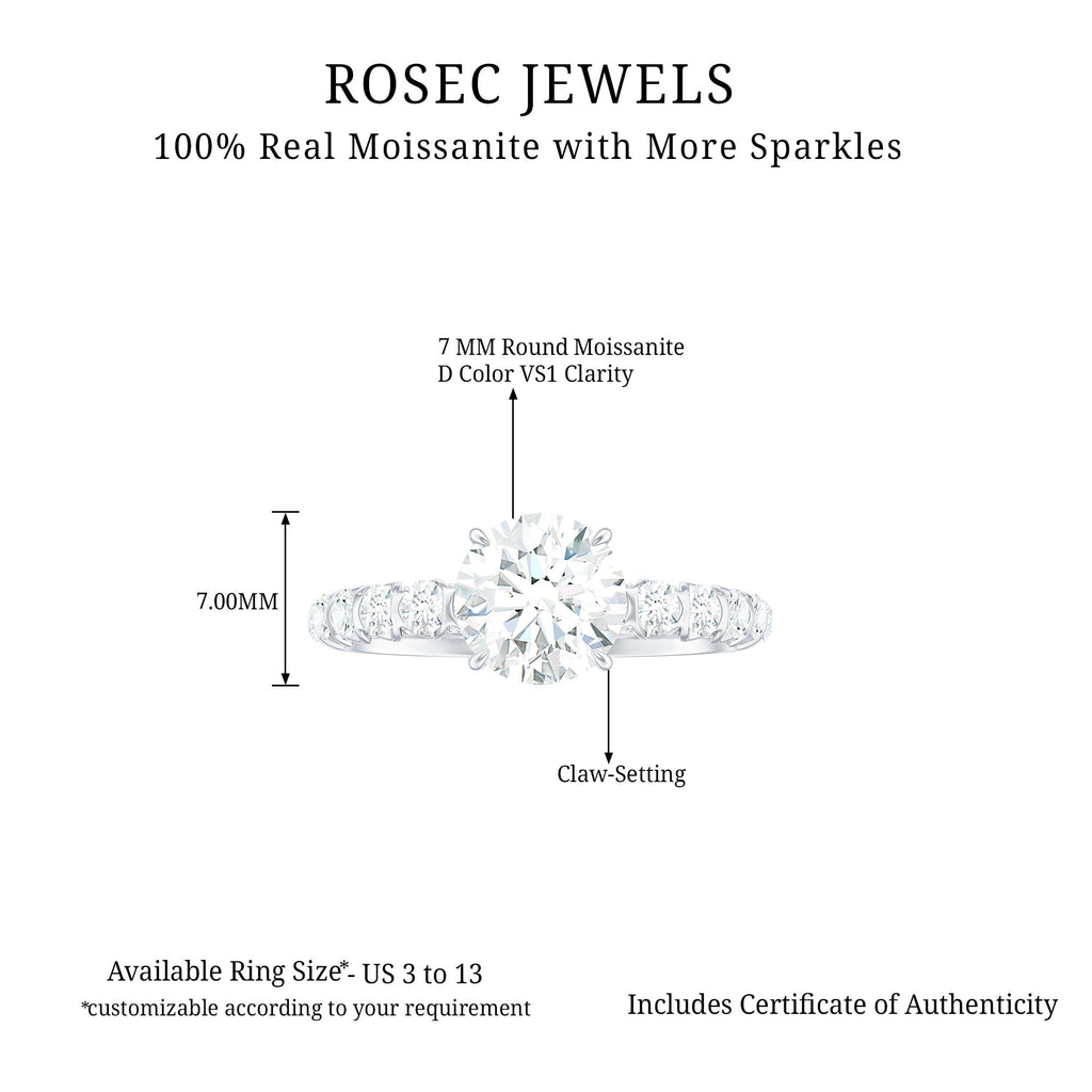Round Cut Moissanite Solitaire Engagement Ring with Side Stones Moissanite - ( D-VS1 ) - Color and Clarity - Rosec Jewels
