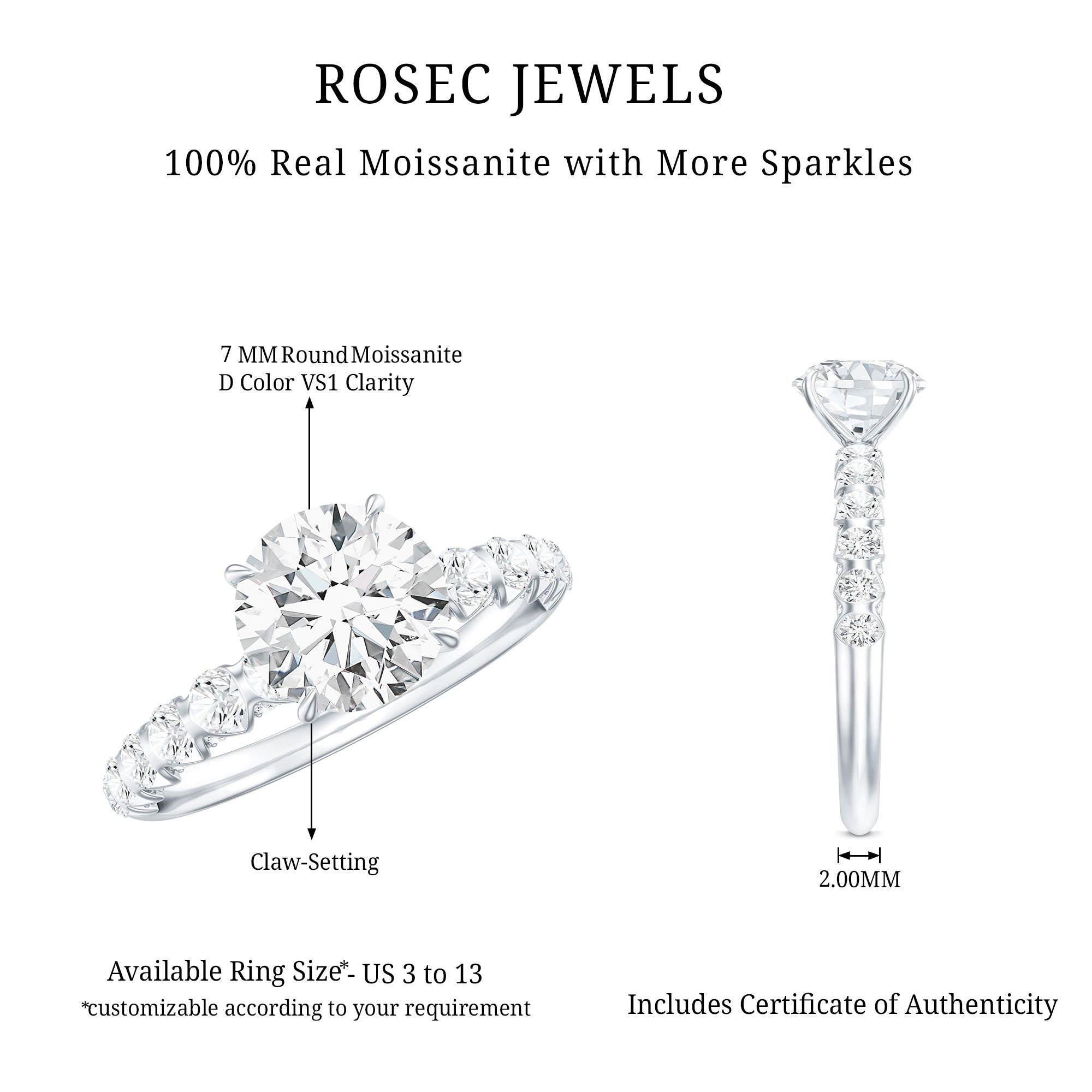 Rosec Jewels-Round Cut Moissanite Solitaire Engagement Ring with Side Stones