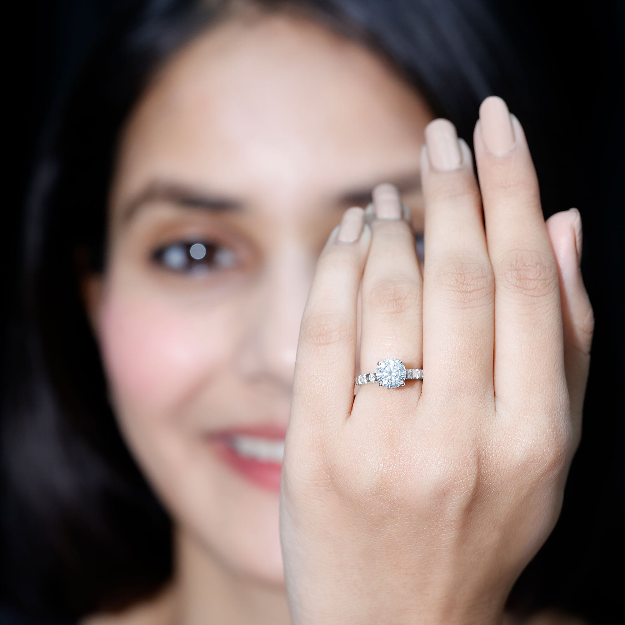 Rosec Jewels-Round Cut Moissanite Solitaire Engagement Ring with Side Stones