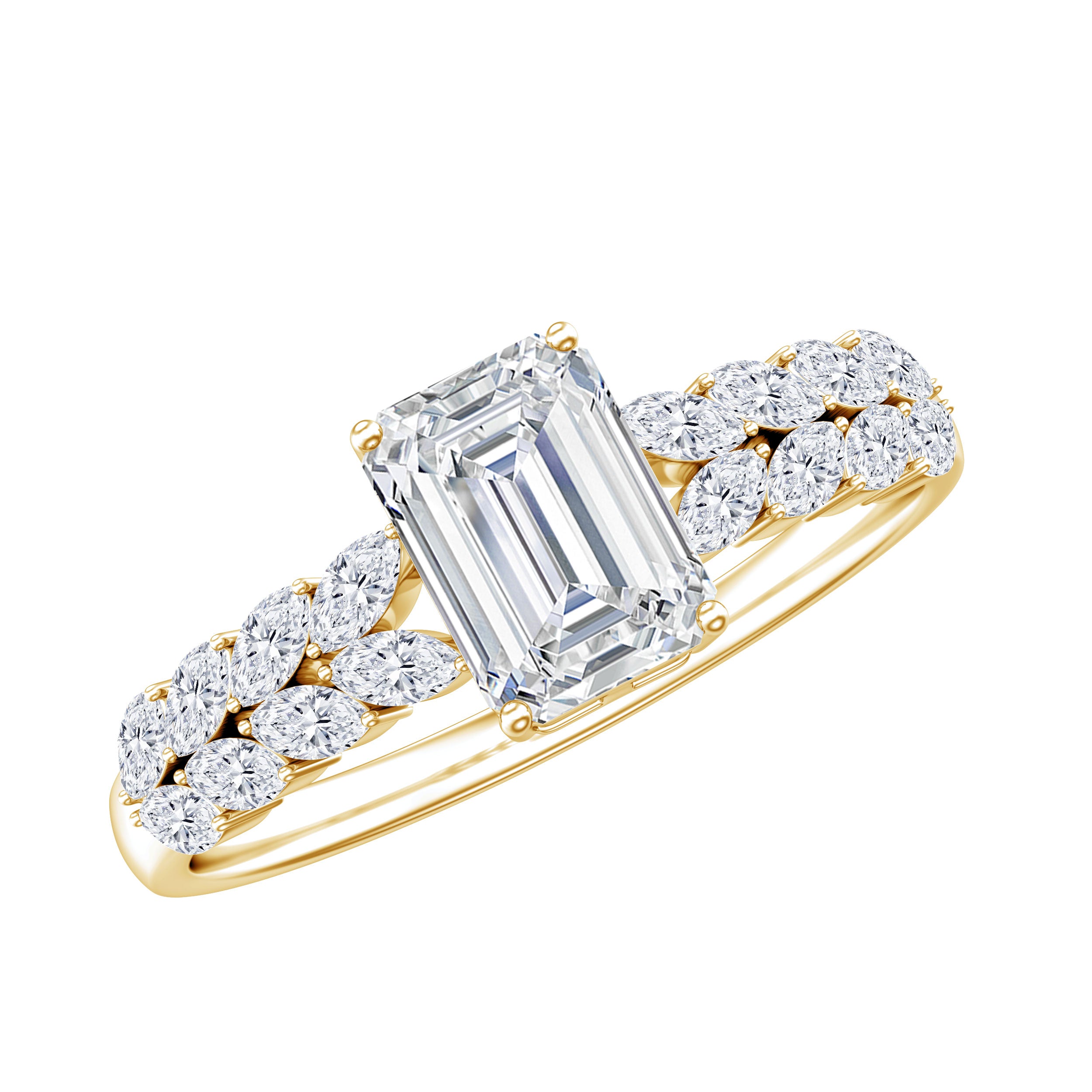 Certified Moissanite Emerald Cut Engagement Ring with Side Stones D-VS1 - Rosec Jewels