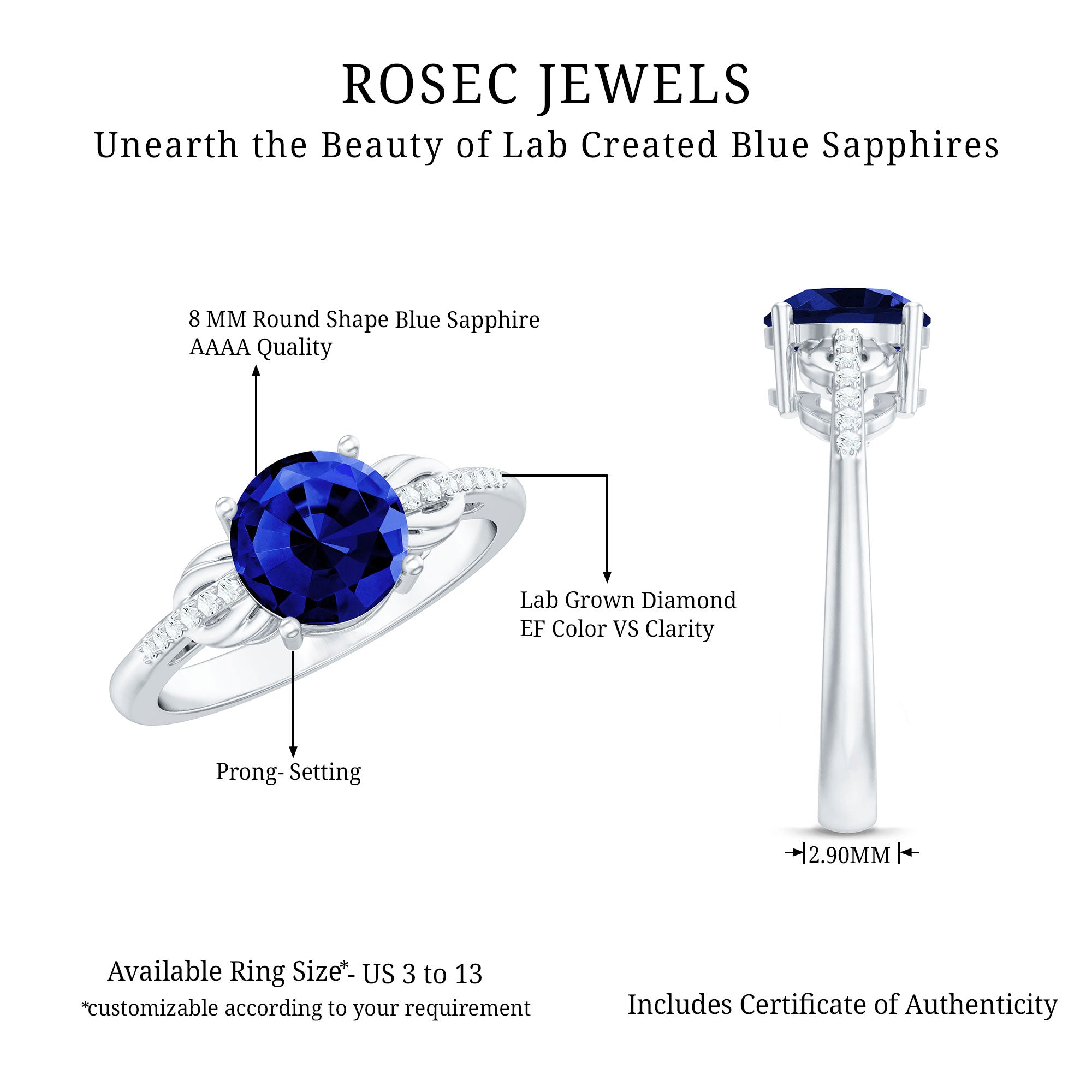 Certified 2.7 Carat Lab Grown Blue Sapphire Diamond Engagement Ring for Women AAAA - Rosec Jewels
