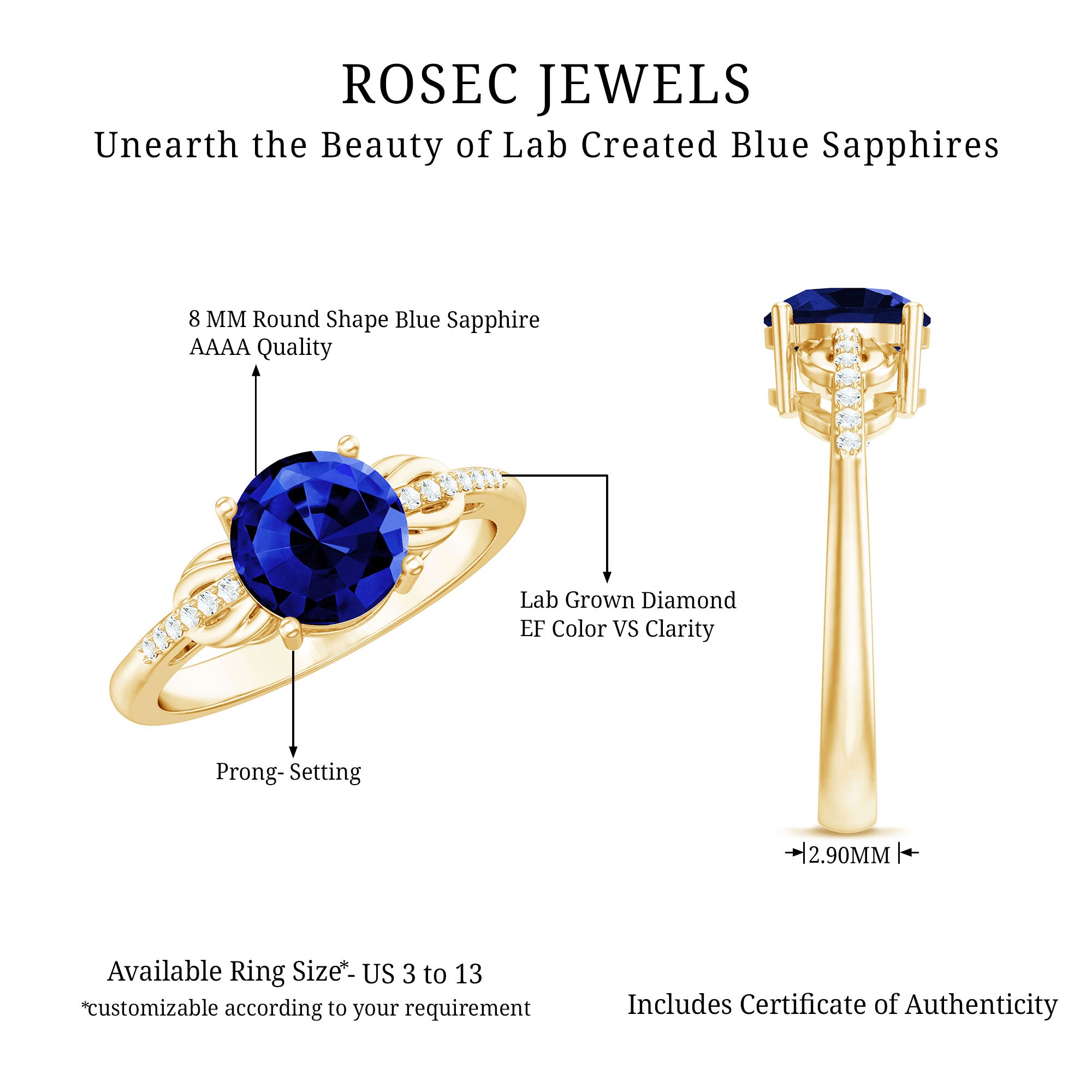 Certified 2.7 Carat Lab Grown Blue Sapphire Diamond Engagement Ring for Women AAAA - Rosec Jewels