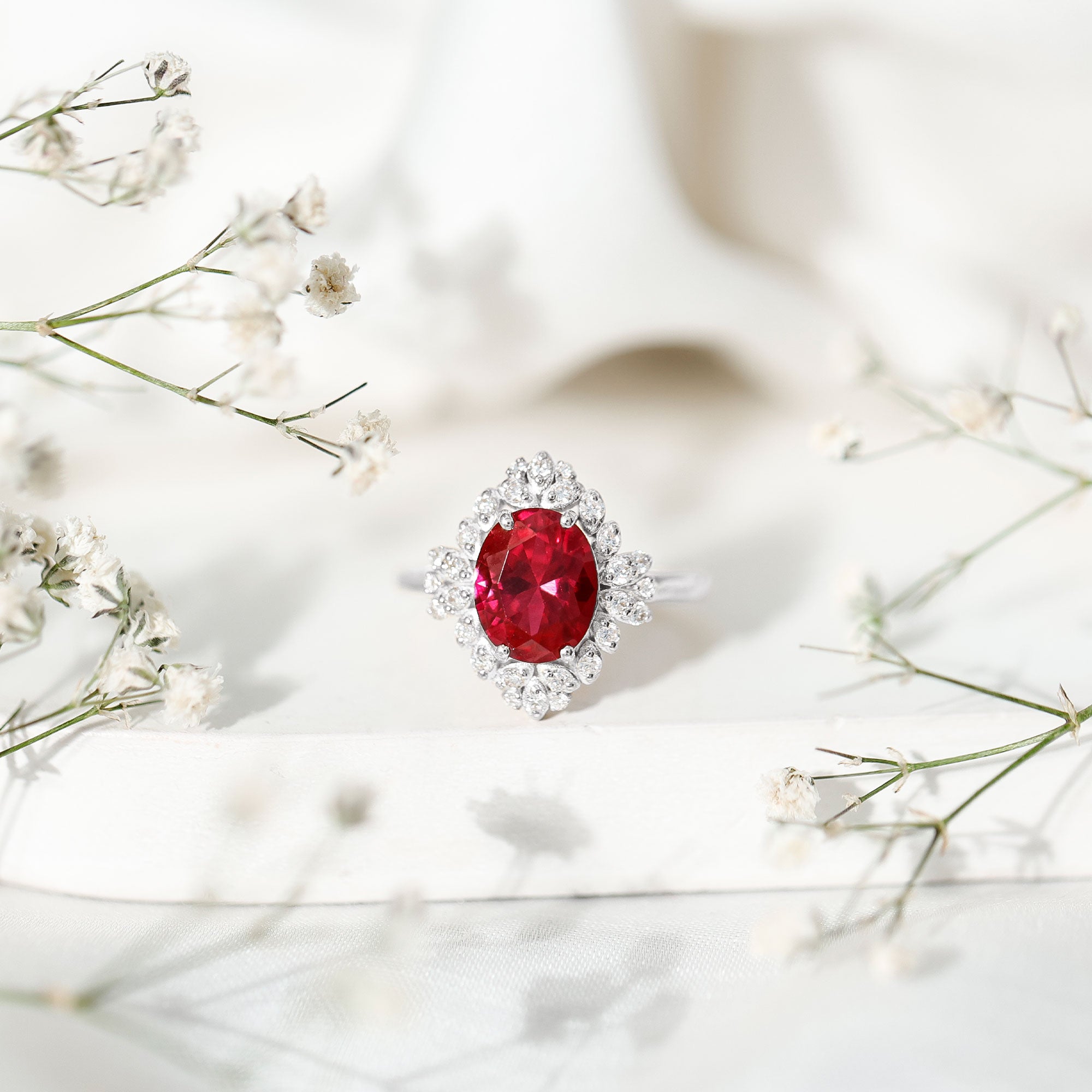 Vintage Inspired Lab Grown Ruby and Diamond Engagement Ring AAAA - Rosec Jewels