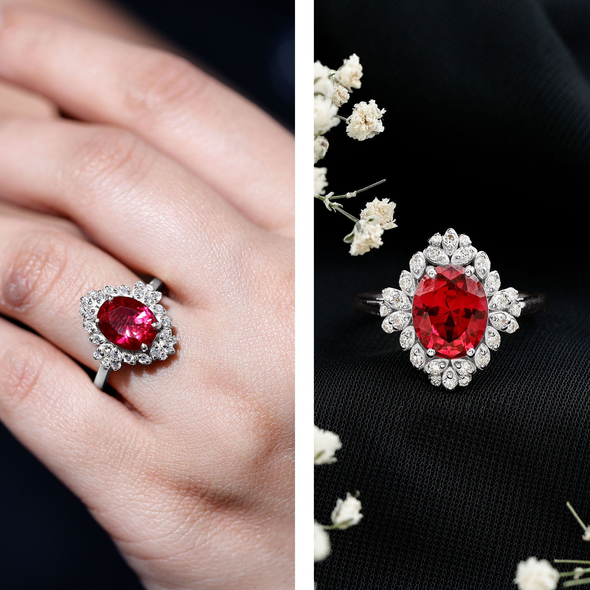 Vintage Inspired Lab Grown Ruby and Diamond Engagement Ring AAAA - Rosec Jewels