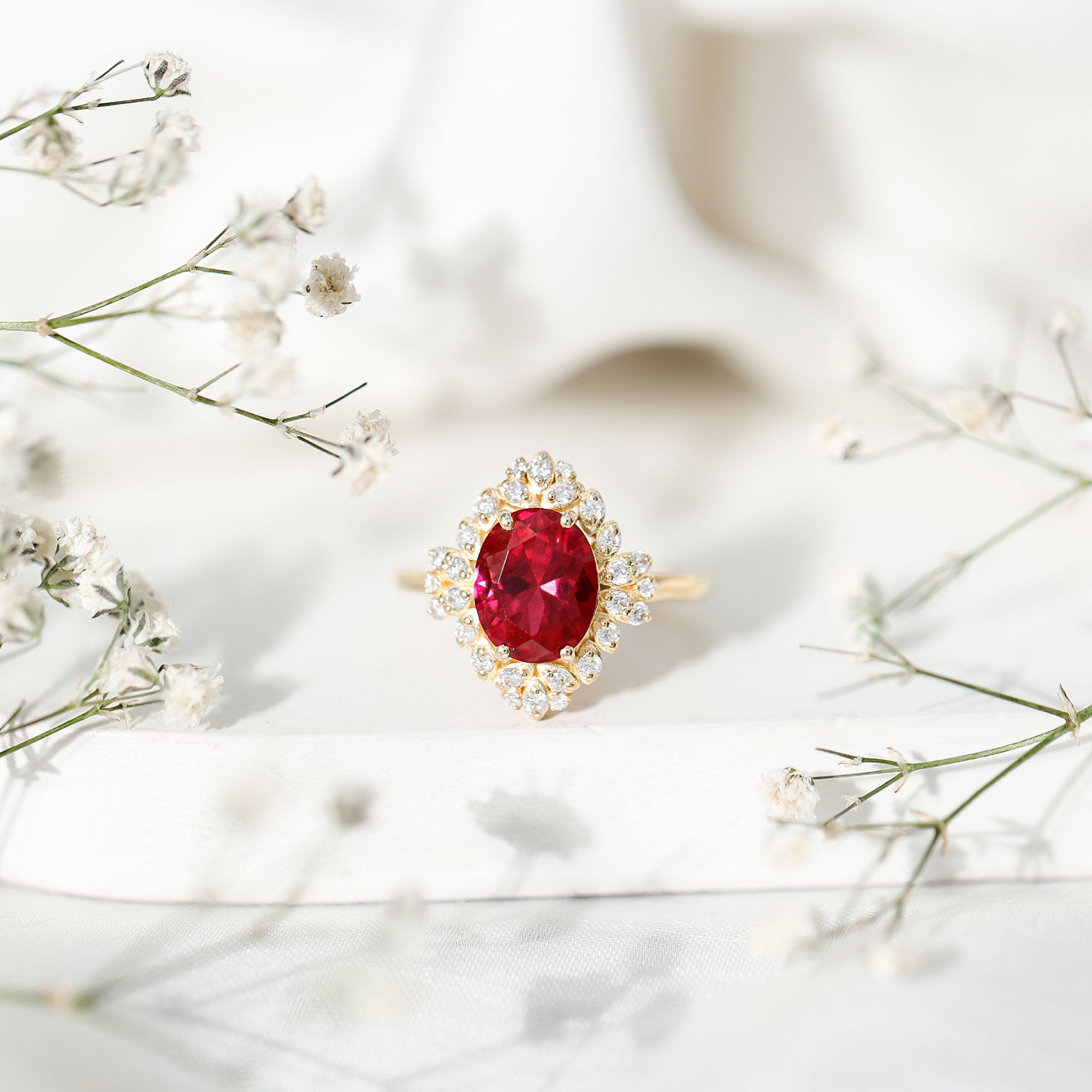 Vintage Inspired Lab Grown Ruby and Diamond Engagement Ring AAAA - Rosec Jewels