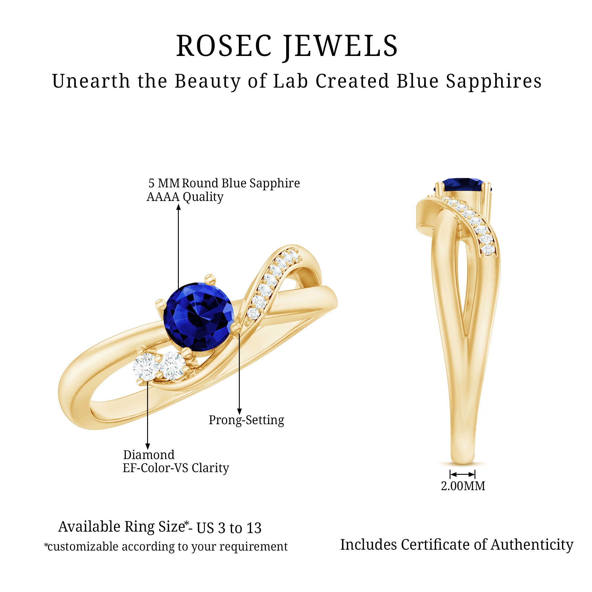 Certified 0.6 Carat Lab Grown Blue Sapphire Diamond Promise Ring for Women AAAA - Rosec Jewels