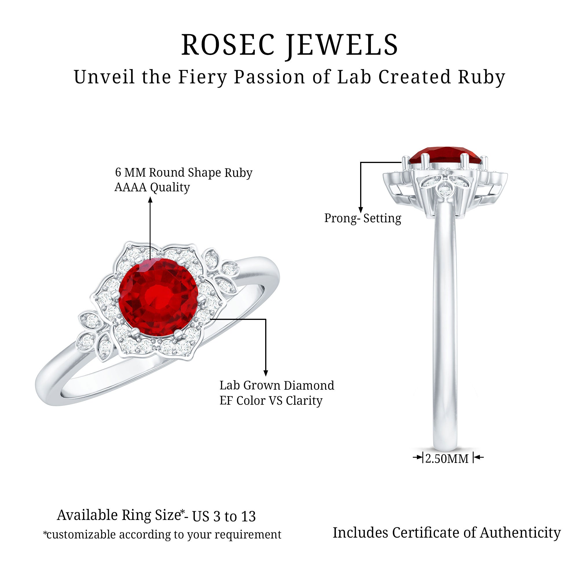 Rosec Jewels-Lab Grown Ruby and Diamond Flower Engagement Ring