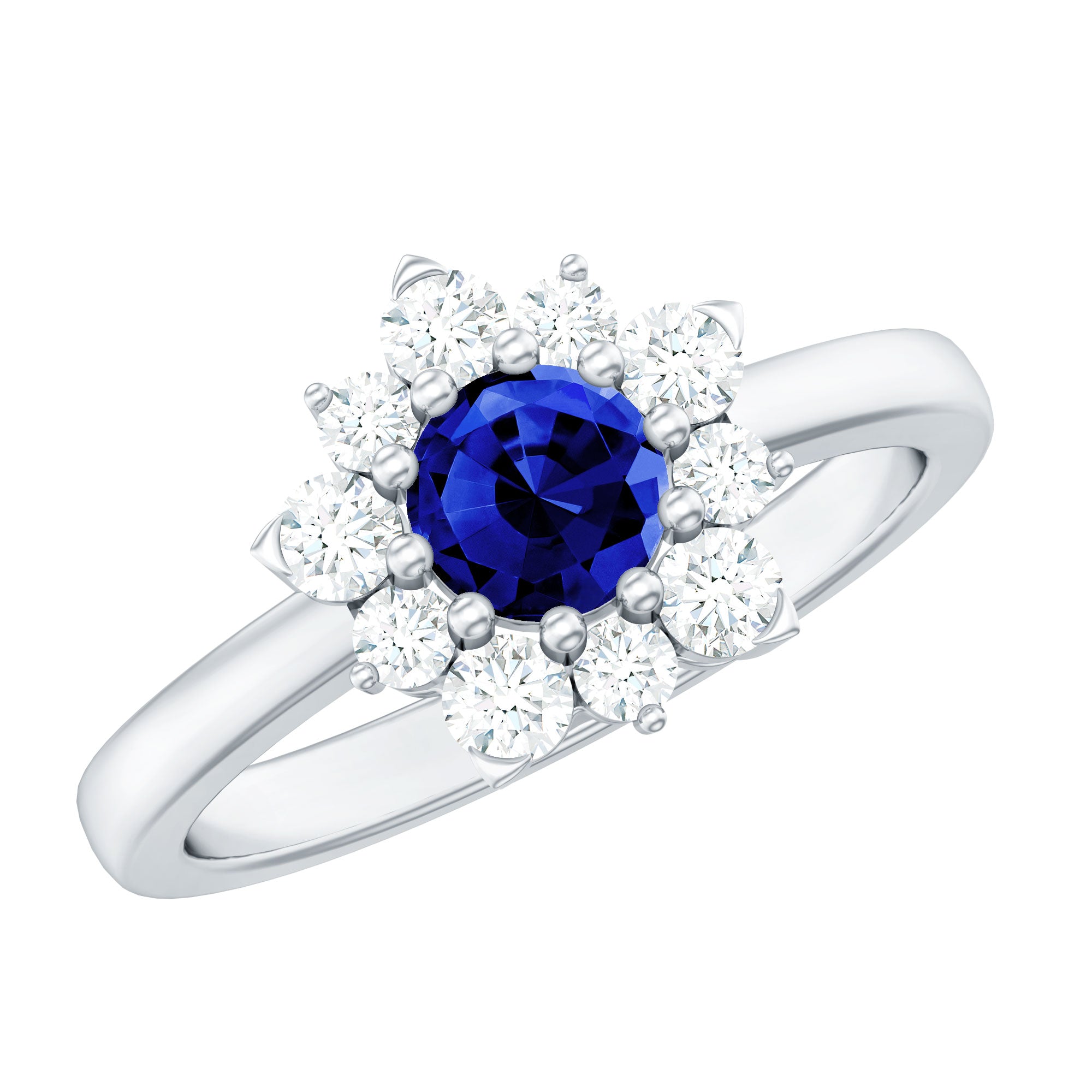 Natural Inspired 0.6 Carat Lab Grown Blue Sapphire Engagement Ring with Diamond Halo AAAA - Rosec Jewels
