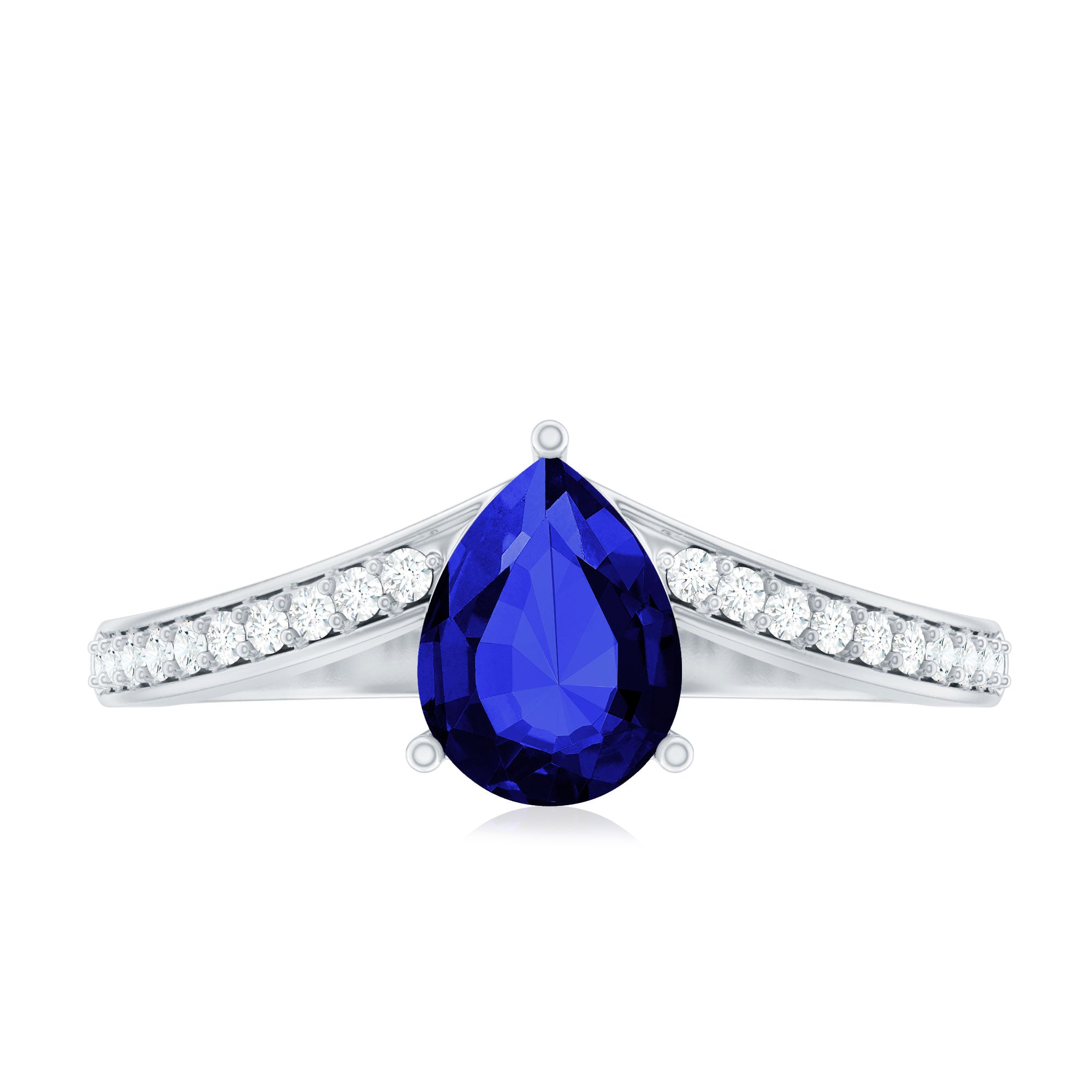Certified 1.6 Carat Pear Shape Lab Grown Blue Sapphire Chevron Engagement Ring with Diamond AAAA - Rosec Jewels