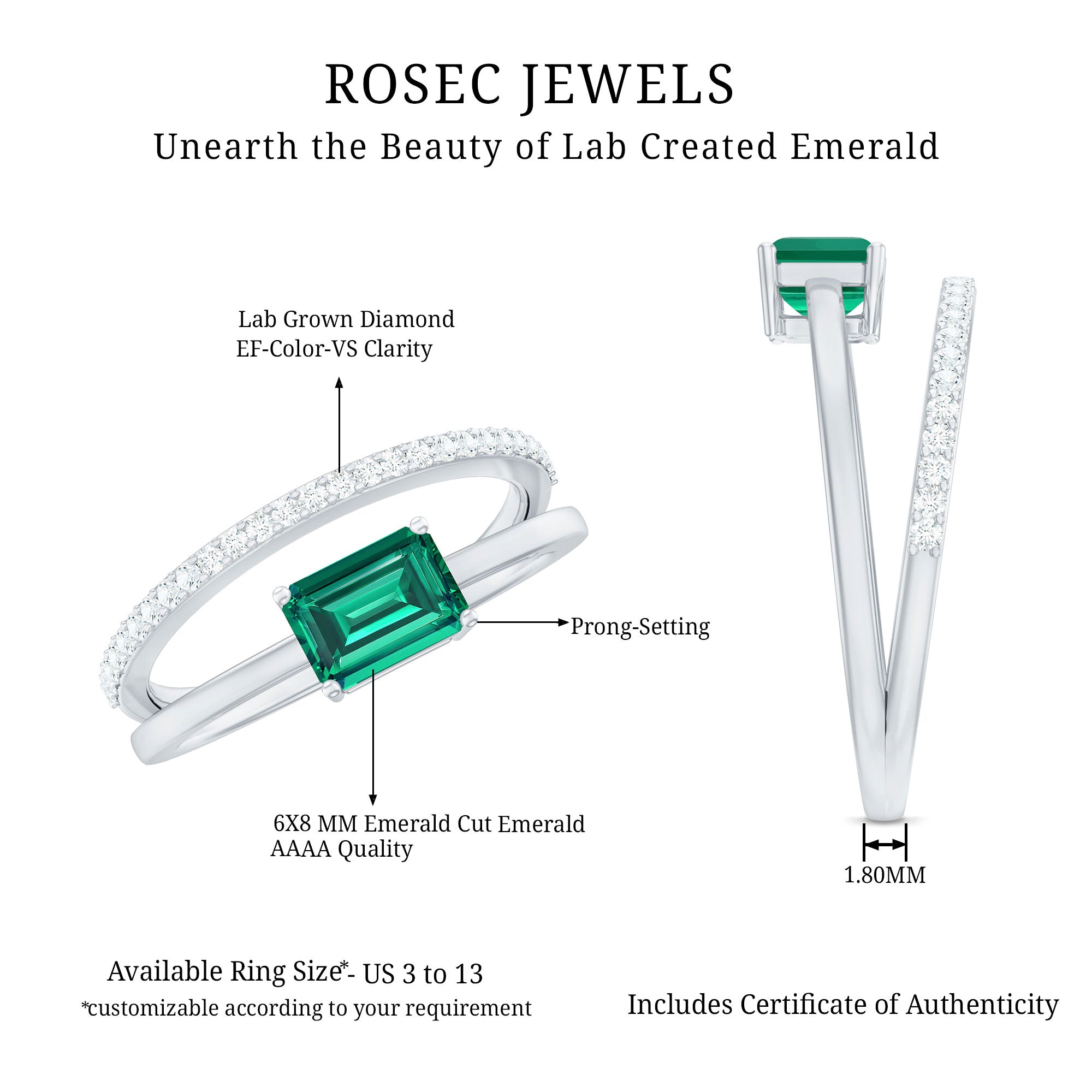 Rosec Jewels-Certified Lab Grown Emerald East West Engagement Ring