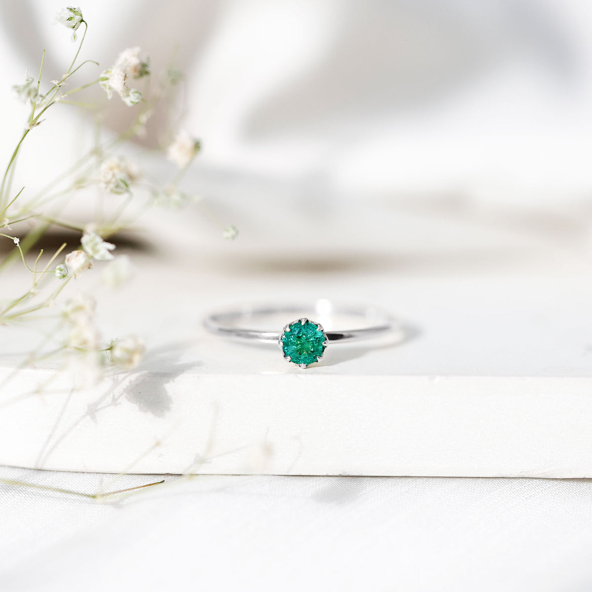 Natural Solitaire Emerald Promise Ring in Lotus Basket Setting AAA - Rosec Jewels