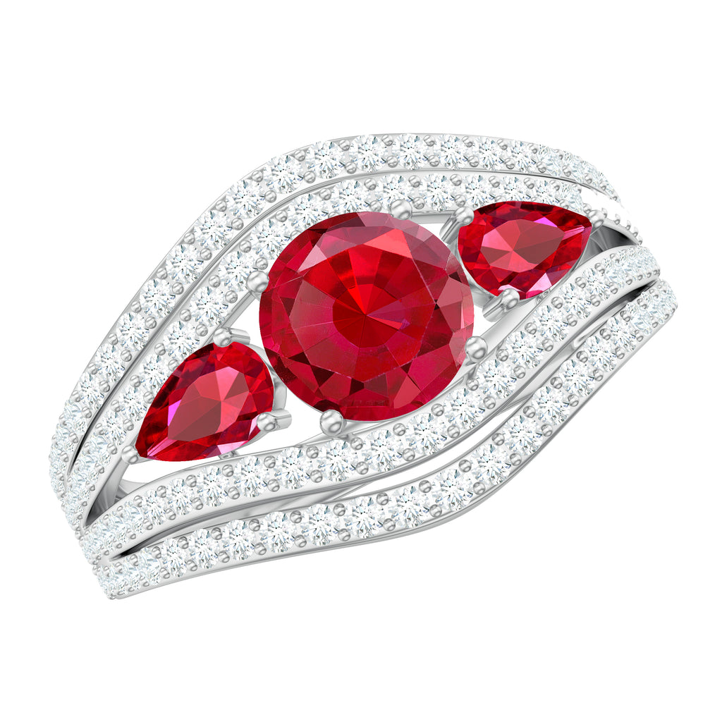 Created Ruby 3 Stone Engagement Ring With Moissanite Lab Created Ruby - ( AAAA ) - Quality - Rosec Jewels