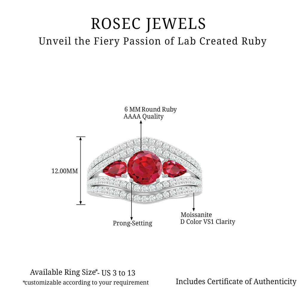 Rosec Jewels - Lab Created Ruby Three Stone Cocktail Ring with Zircon Accent