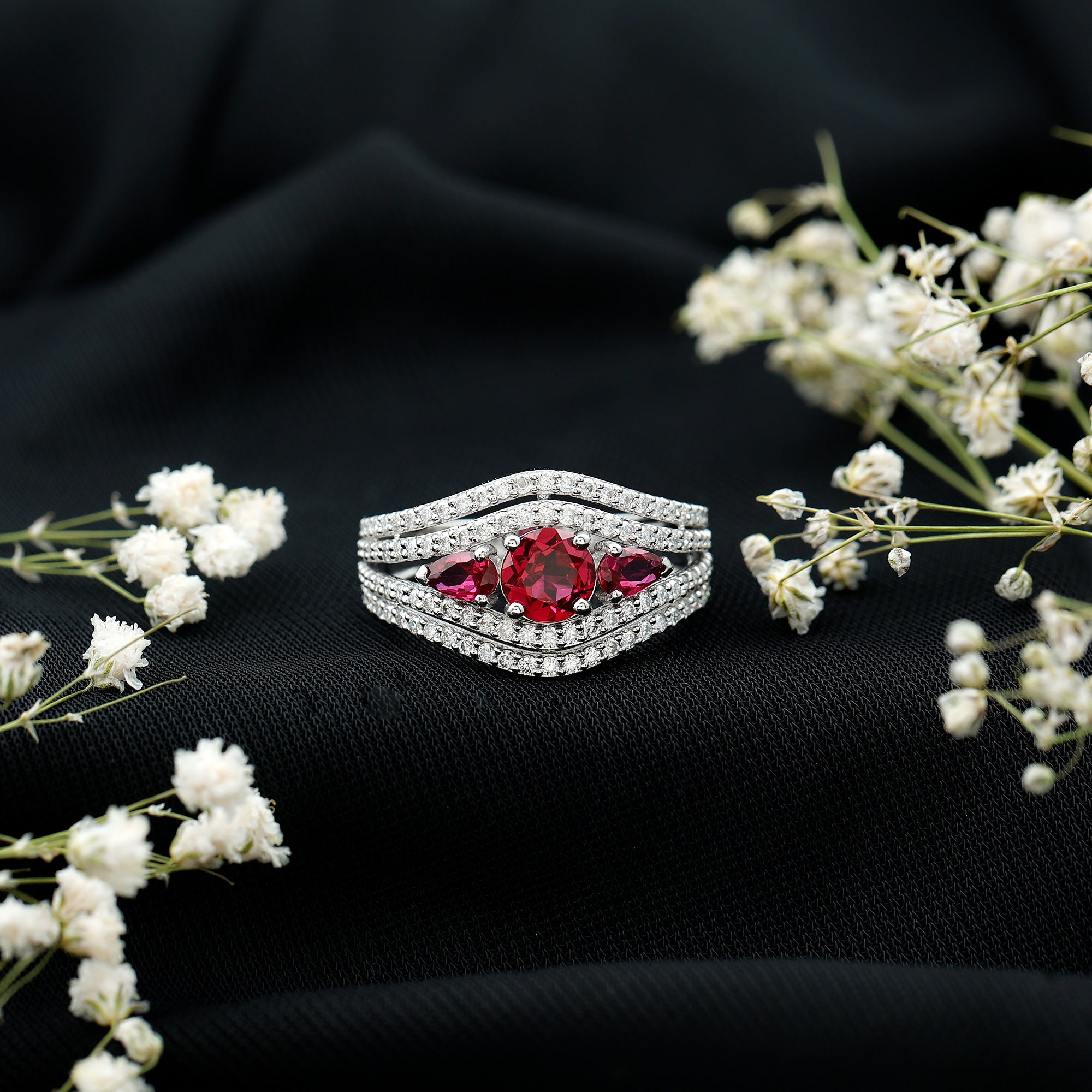Rosec Jewels-Designer Lab Created Ruby 3 Stone Engagement Ring With Moissanite