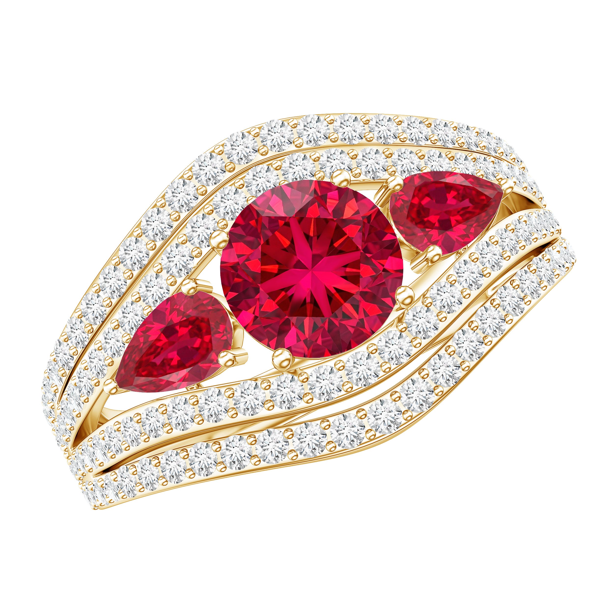 Designer Lab Created Ruby 3 Stone Engagement Ring With Moissanite AAAA - Rosec Jewels