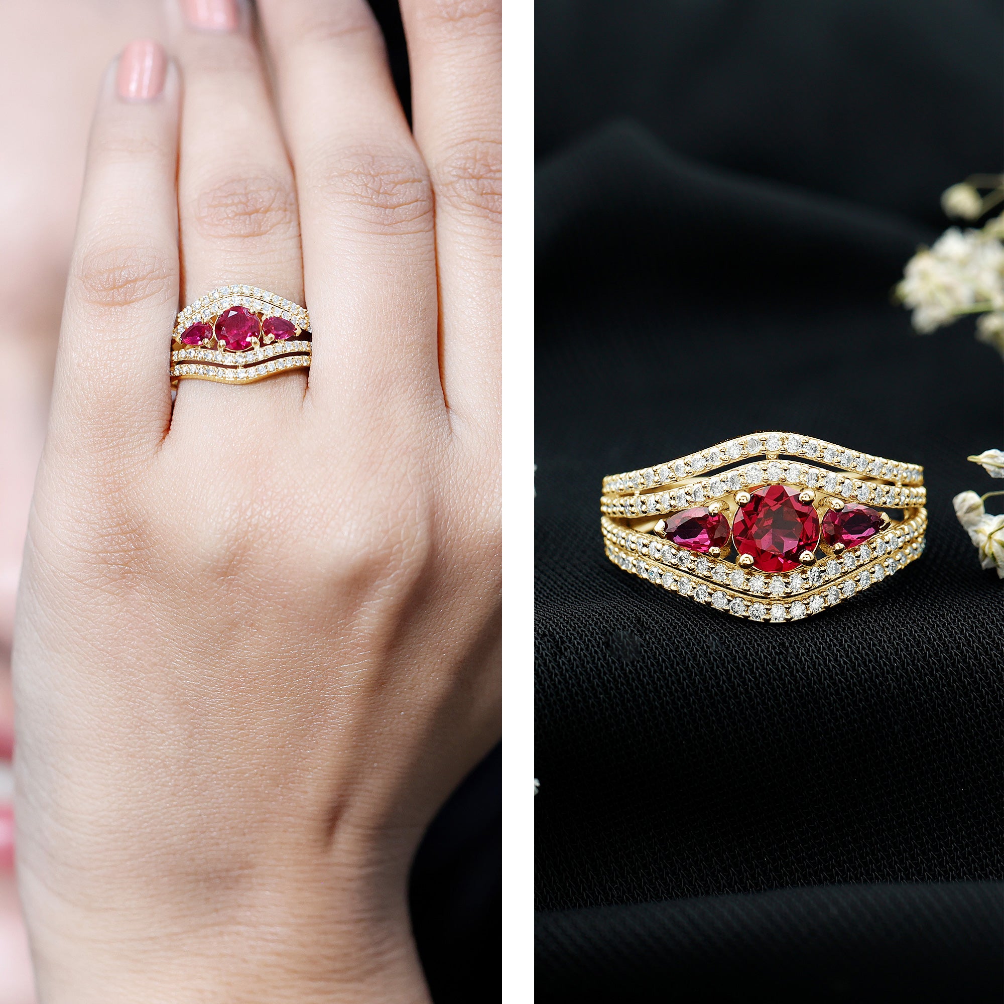 Rosec Jewels-Designer Lab Created Ruby 3 Stone Engagement Ring With Moissanite