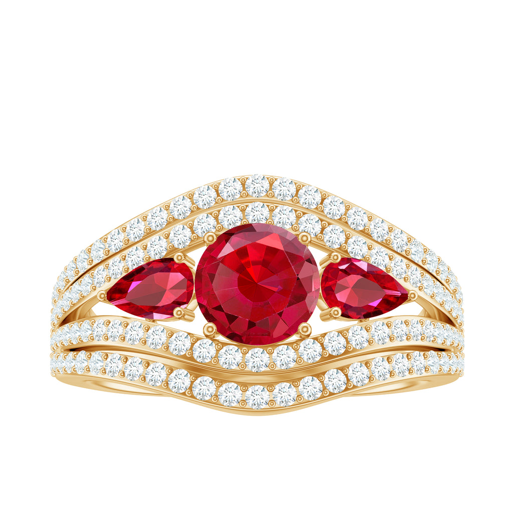 Created Ruby 3 Stone Engagement Ring With Moissanite Lab Created Ruby - ( AAAA ) - Quality - Rosec Jewels