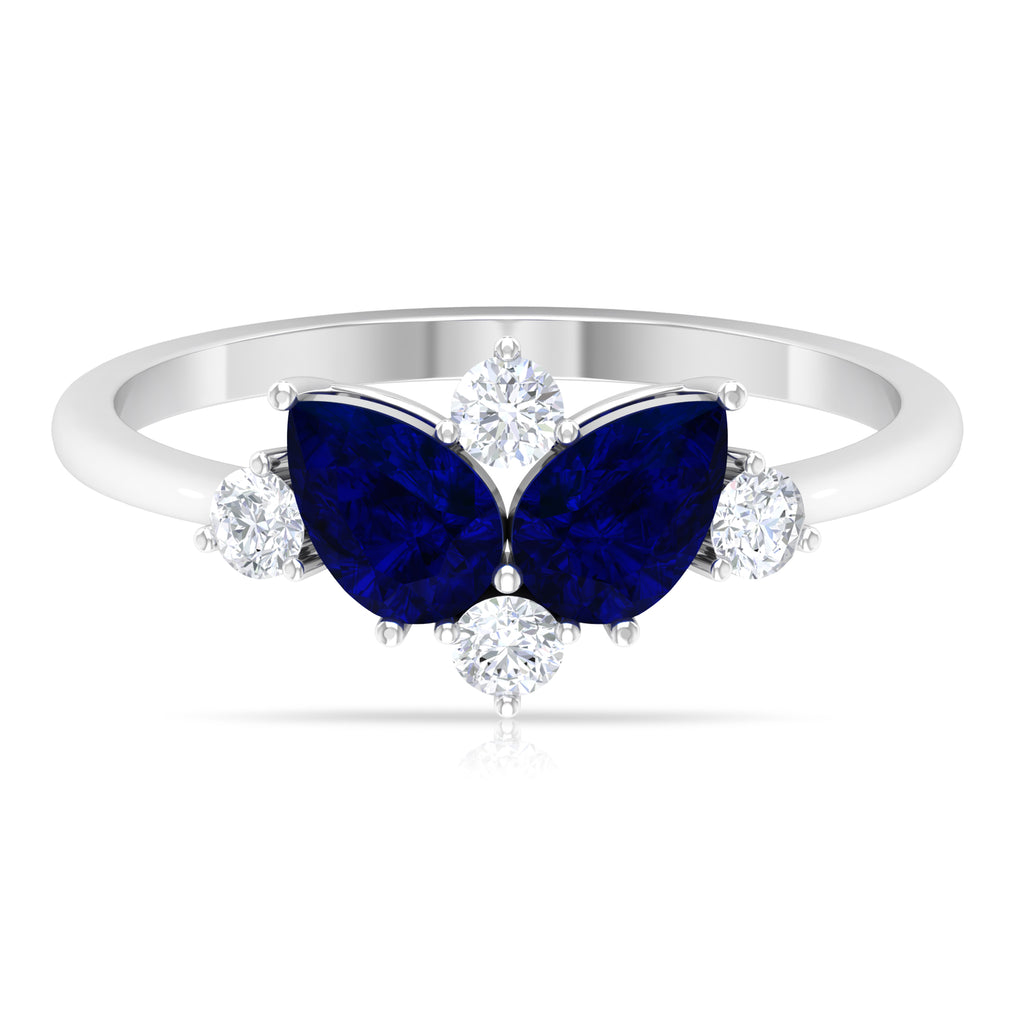 Pear Shape Blue Sapphire and Diamond Cluster Promise Ring Blue Sapphire - ( AAA ) - Quality - Rosec Jewels