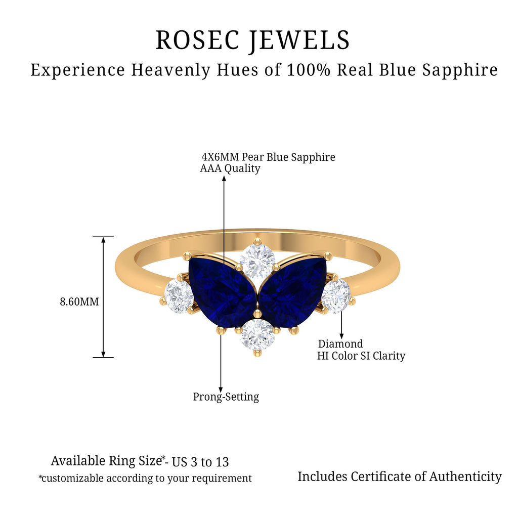 Pear Shape Blue Sapphire and Diamond Cluster Promise Ring Blue Sapphire - ( AAA ) - Quality - Rosec Jewels
