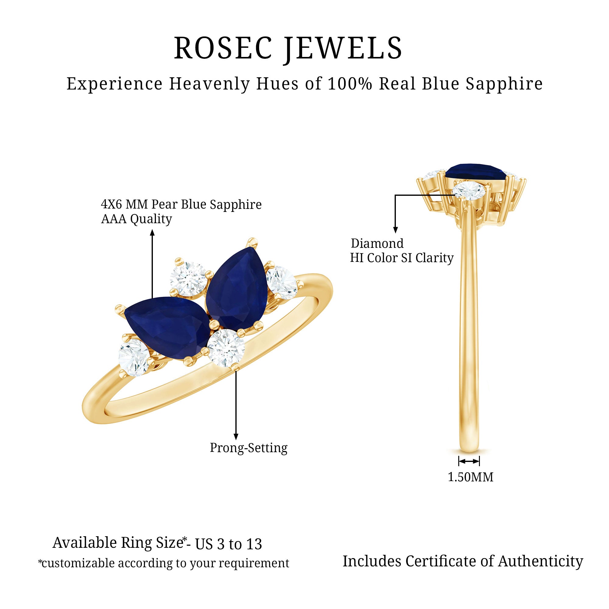 Rosec Jewels-Genuine Blue Sapphire and Diamond Cluster Engagement Ring with Certificate