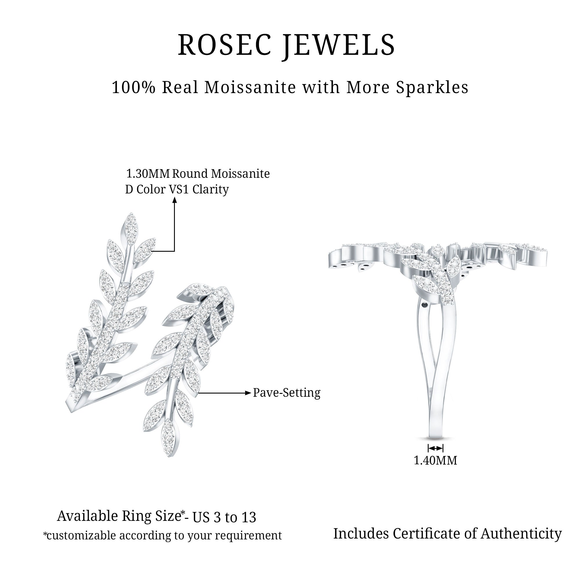 Certified Moissanite Leaf Wrap Ring for Women D-VS1 - Rosec Jewels