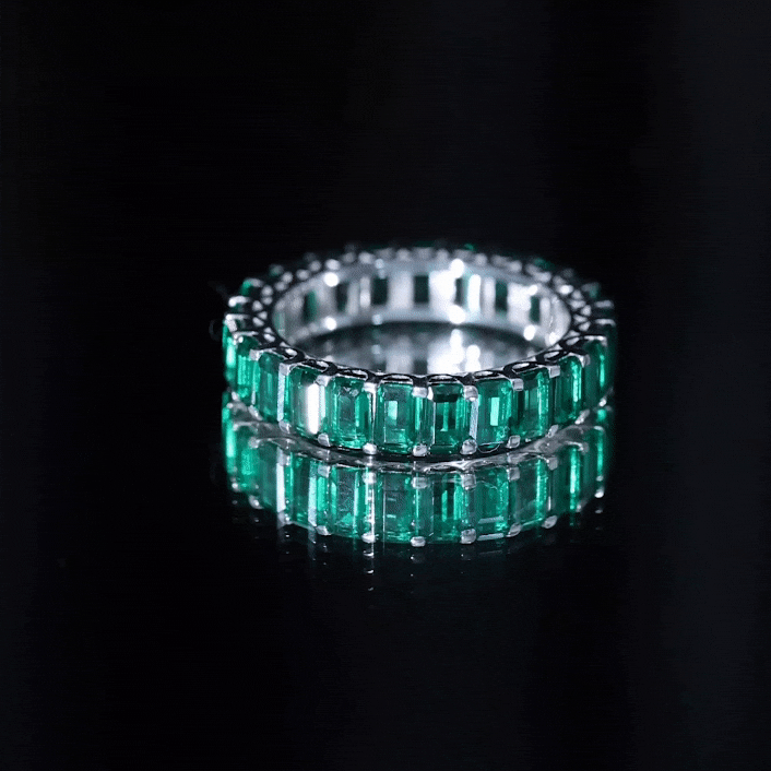 Emerald Cut Lab Grown Emerald Eternity Wedding Band AAAA 14K Yellow Gold Plated Silver - Rosec Jewels